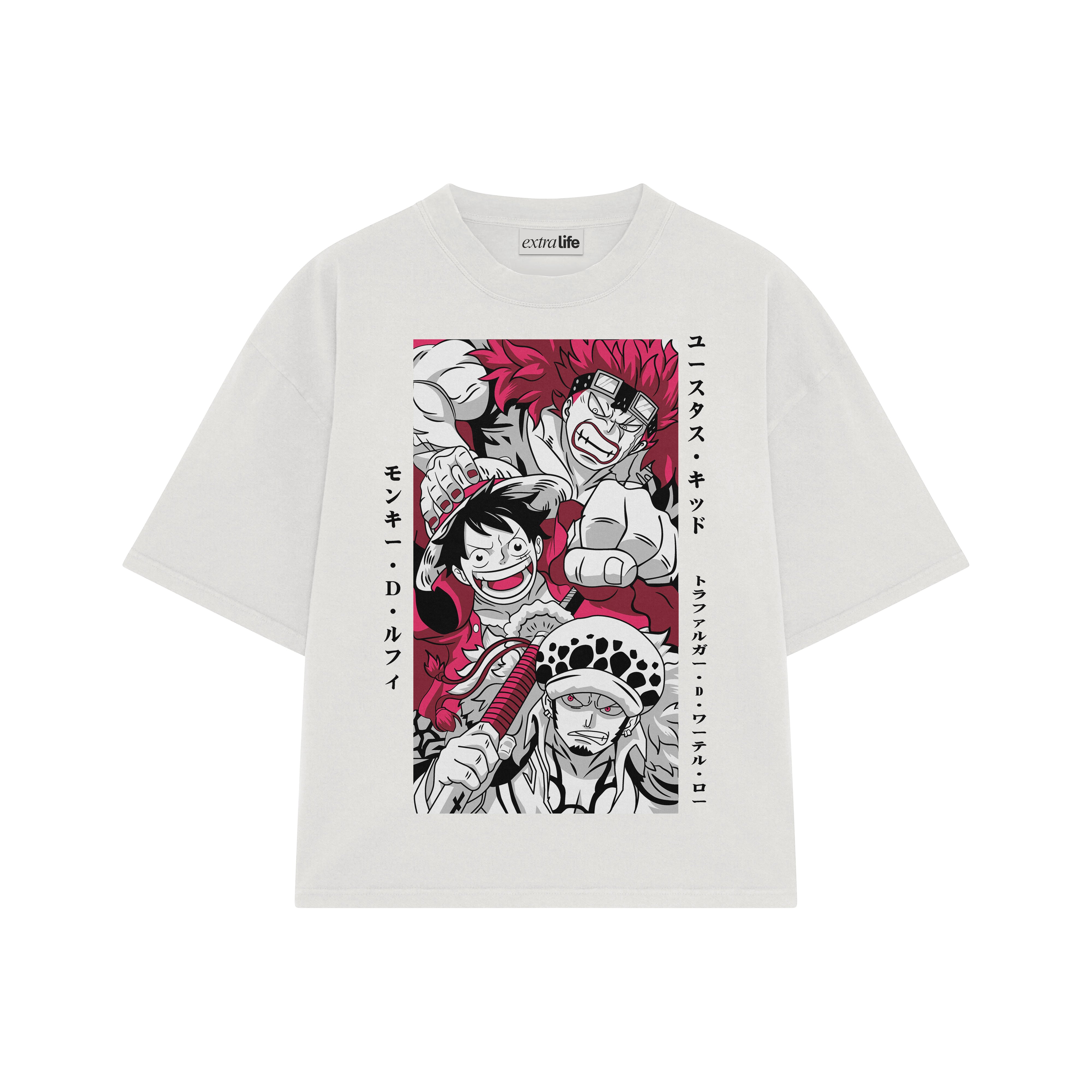 Playera streetwear premium de anime y gaming ExtraLife MX, corte boxy oversized drop shoulder heavyweight en color Deep Black y Off-White, moda urbana mexicana de culto.