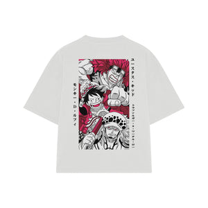 Playera streetwear premium de anime y gaming ExtraLife MX, corte boxy oversized drop shoulder heavyweight en color Deep Black y Off-White, moda urbana mexicana de culto.