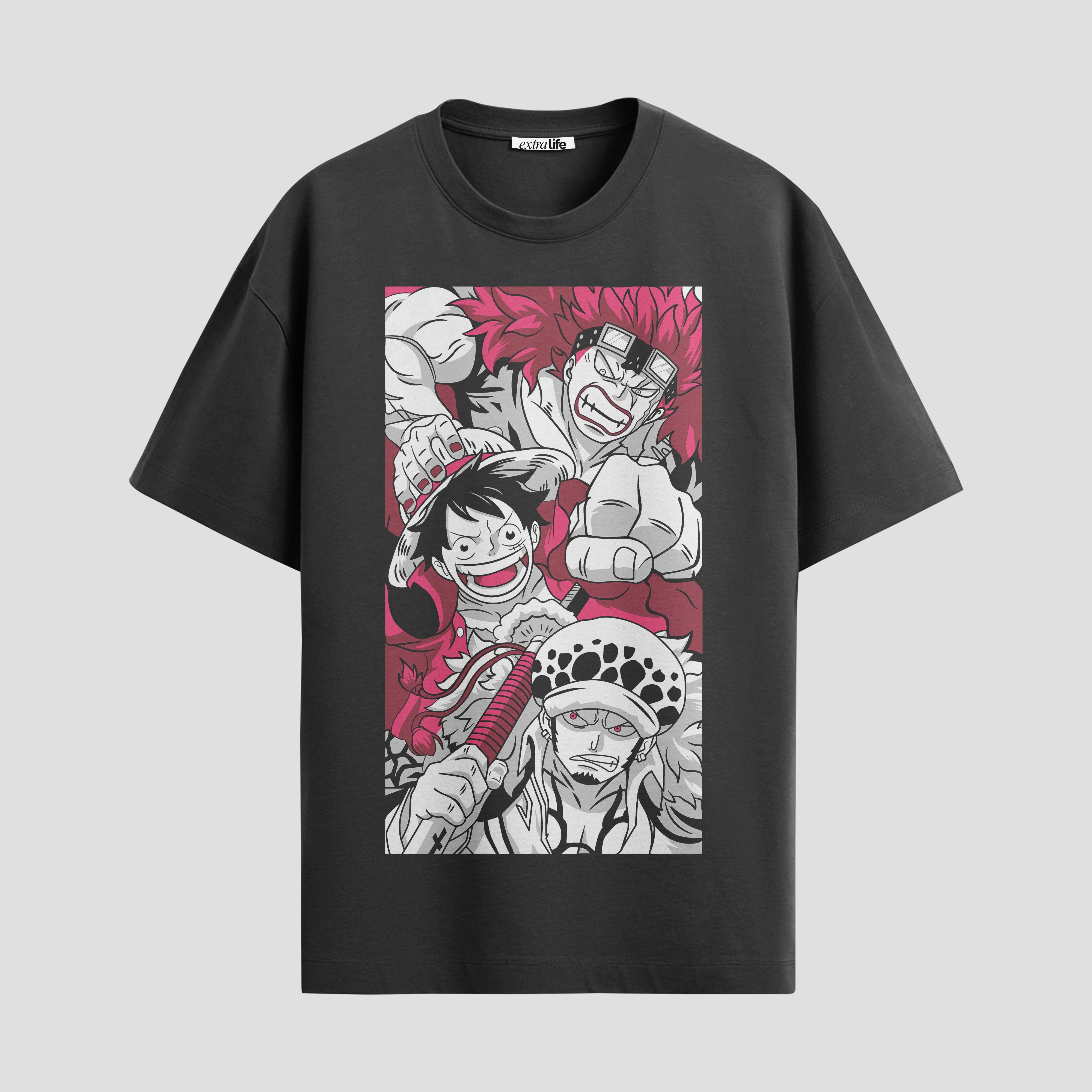 Playera urbana de anime y gaming ExtraLife MX, corte Standard Fit unisex ligero y transpirable en color Deep Black y Pure White, ropa de uso diario para gym y casual.