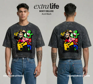 Playera streetwear premium de anime y gaming ExtraLife MX, corte boxy deluxe mineral wash heavyweight en color Acid Wash, moda urbana mexicana de culto.