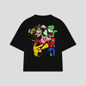 Playera streetwear premium de anime y gaming ExtraLife MX, corte boxy oversized drop shoulder heavyweight en color Deep Black y Off-White, moda urbana mexicana de culto.