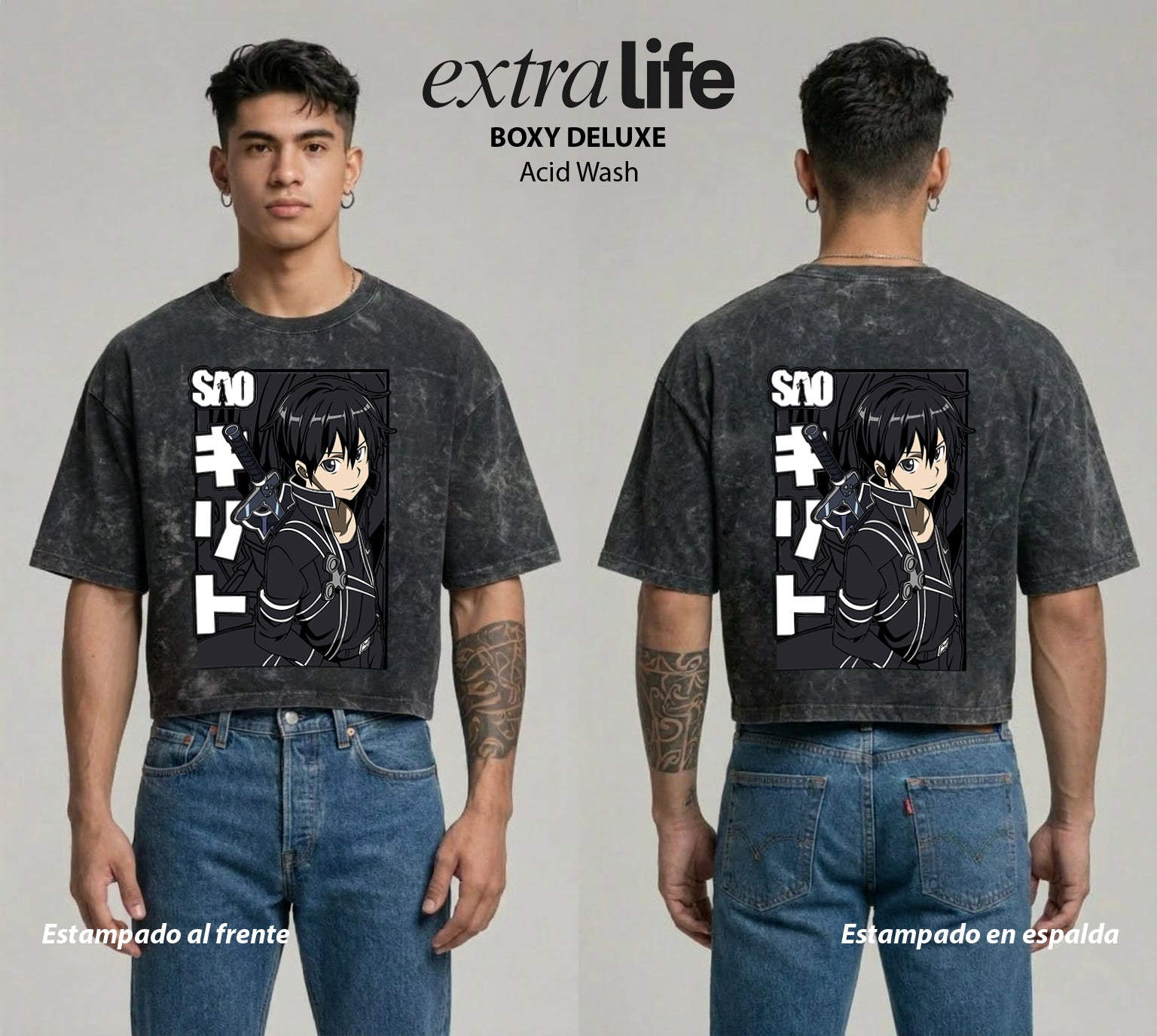 Playera streetwear premium de anime y gaming ExtraLife MX, corte boxy deluxe mineral wash heavyweight en color Acid Wash, moda urbana mexicana de culto.