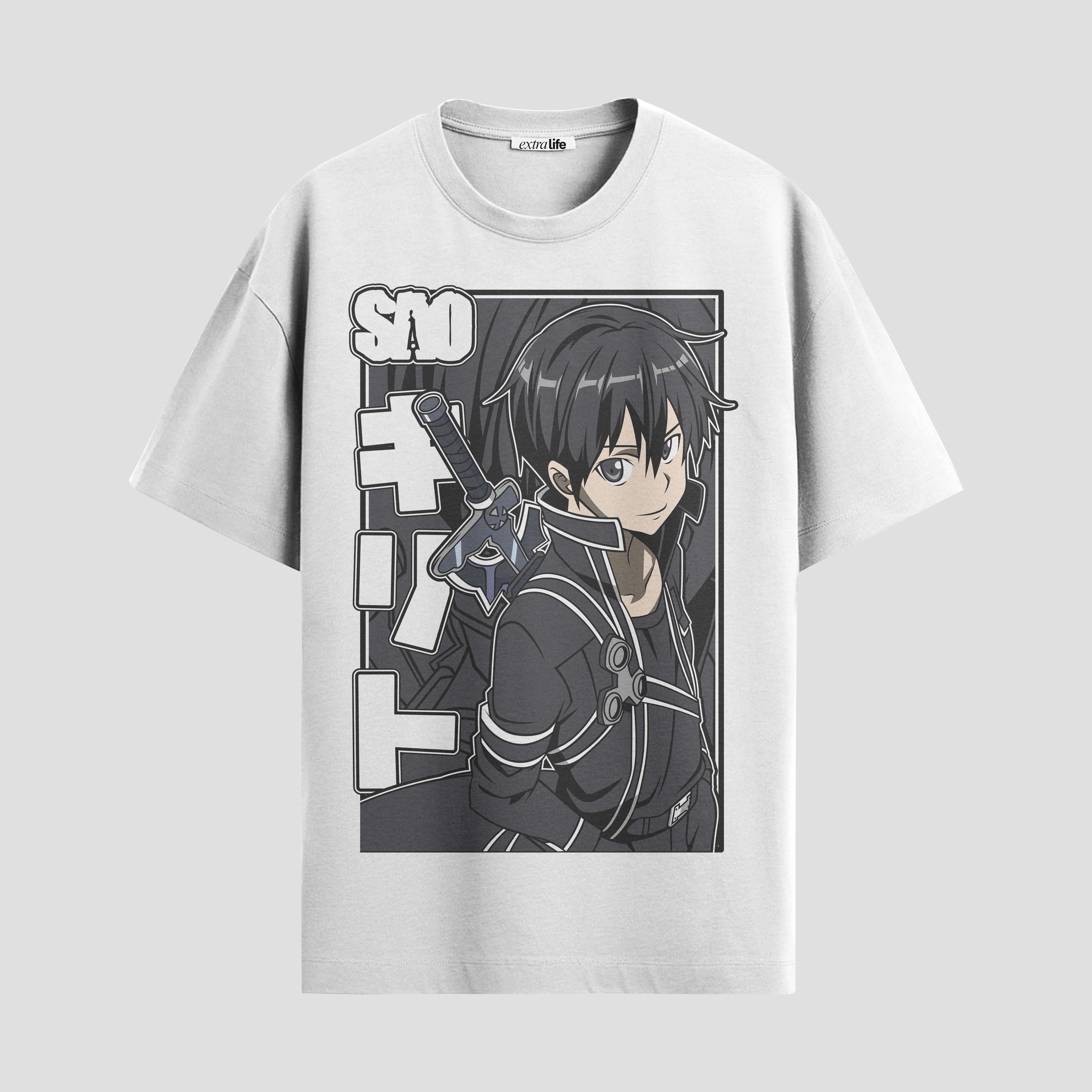 Playera urbana de anime y gaming ExtraLife MX, corte Standard Fit unisex ligero y transpirable en color Deep Black y Pure White, ropa de uso diario para gym y casual.