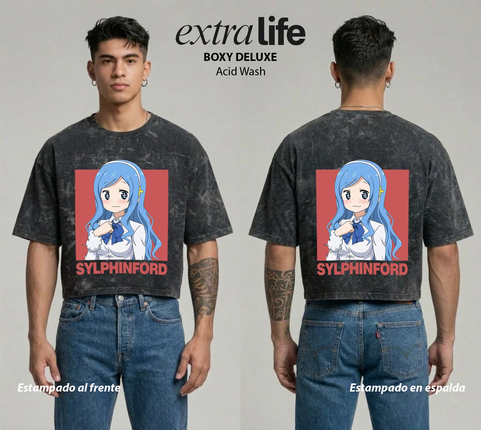 Playera streetwear premium de anime y gaming ExtraLife MX, corte boxy deluxe mineral wash heavyweight en color Acid Wash, moda urbana mexicana de culto.