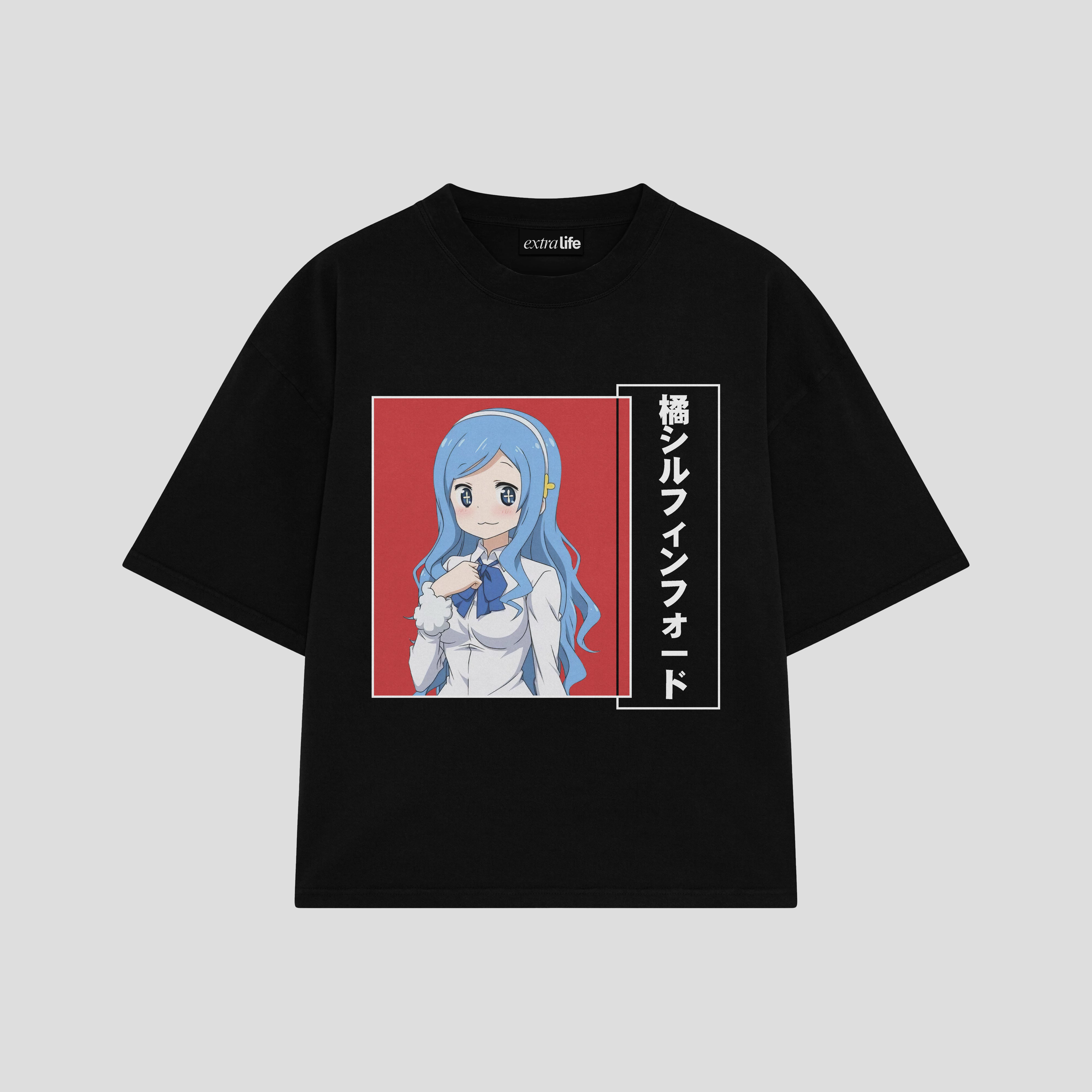 Playera streetwear premium de anime y gaming ExtraLife MX, corte boxy oversized drop shoulder heavyweight en color Deep Black y Off-White, moda urbana mexicana de culto.