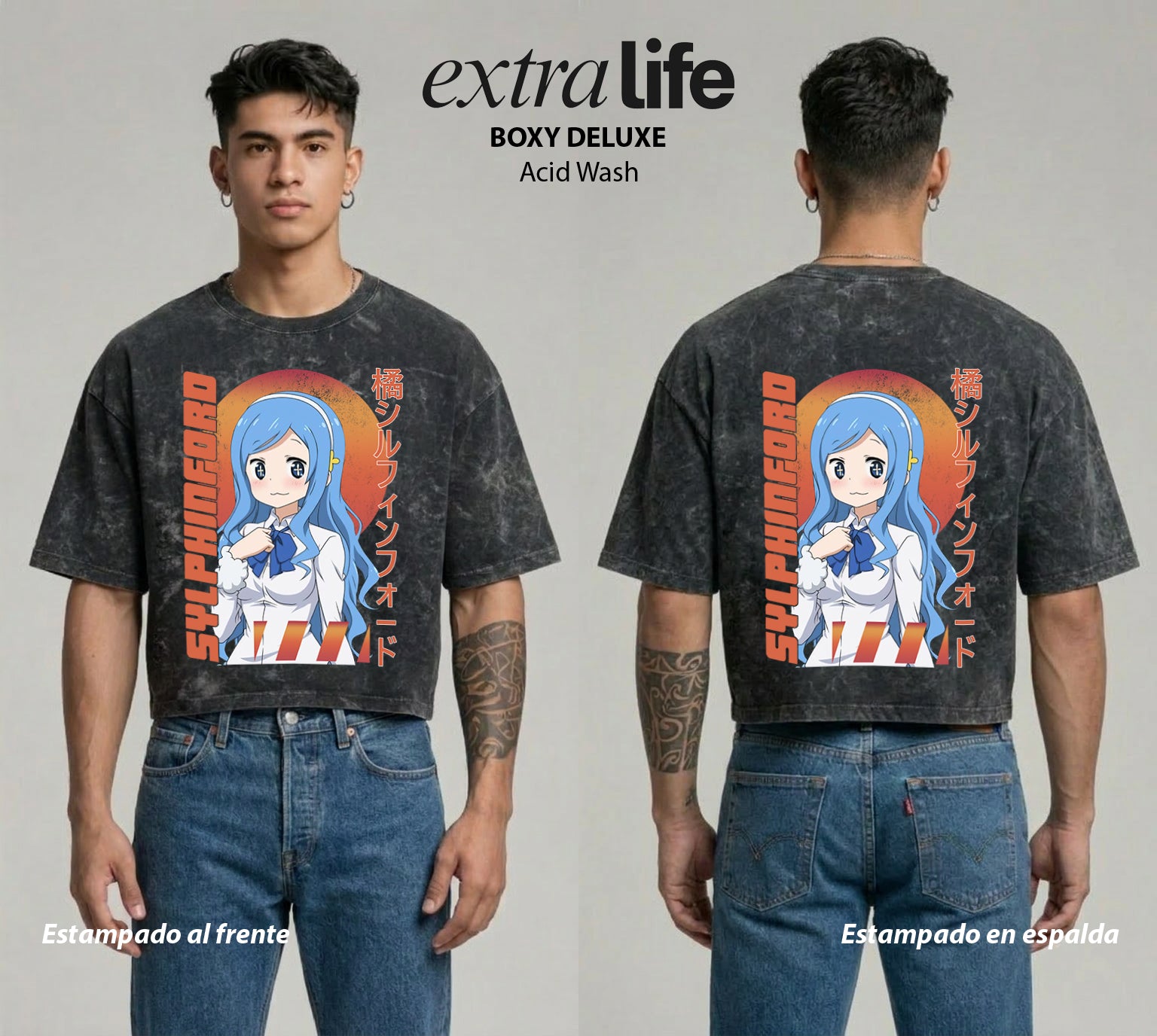 Playera streetwear premium de anime y gaming ExtraLife MX, corte boxy deluxe mineral wash heavyweight en color Acid Wash, moda urbana mexicana de culto.
