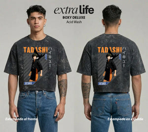 Playera streetwear premium de anime y gaming ExtraLife MX, corte boxy deluxe mineral wash heavyweight en color Acid Wash, moda urbana mexicana de culto.