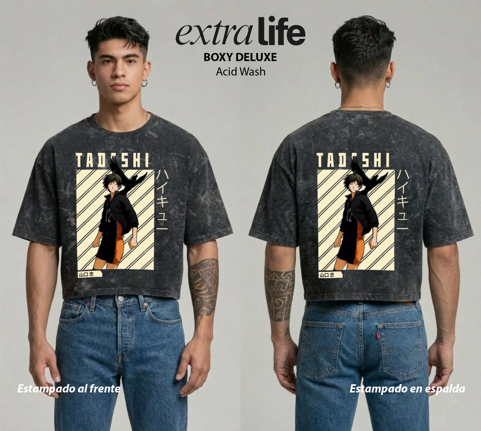 Playera streetwear premium de anime y gaming ExtraLife MX, corte boxy deluxe mineral wash heavyweight en color Acid Wash, moda urbana mexicana de culto.