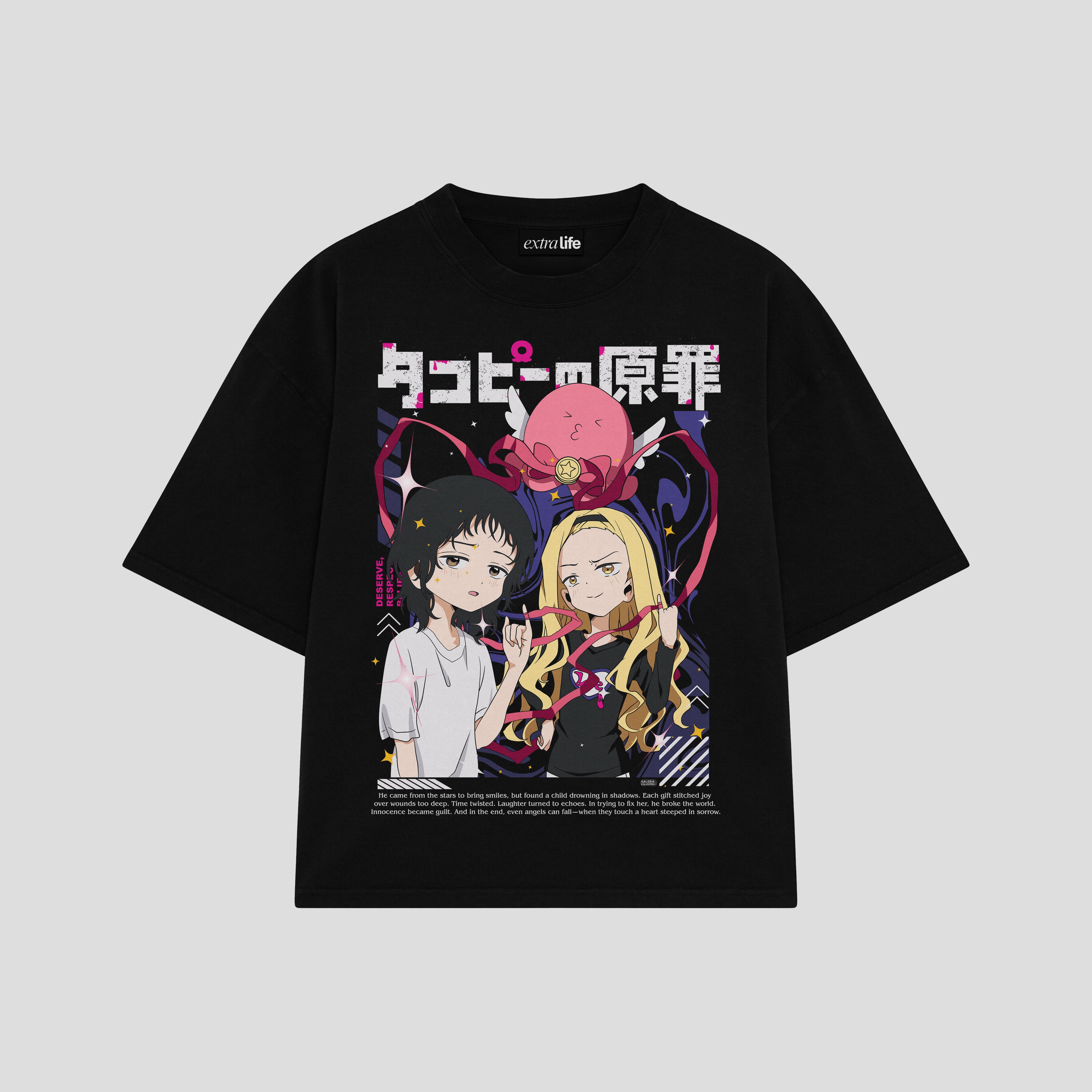 Playera streetwear premium de anime y gaming ExtraLife MX, corte boxy oversized drop shoulder heavyweight en color Deep Black y Off-White, moda urbana mexicana de culto.