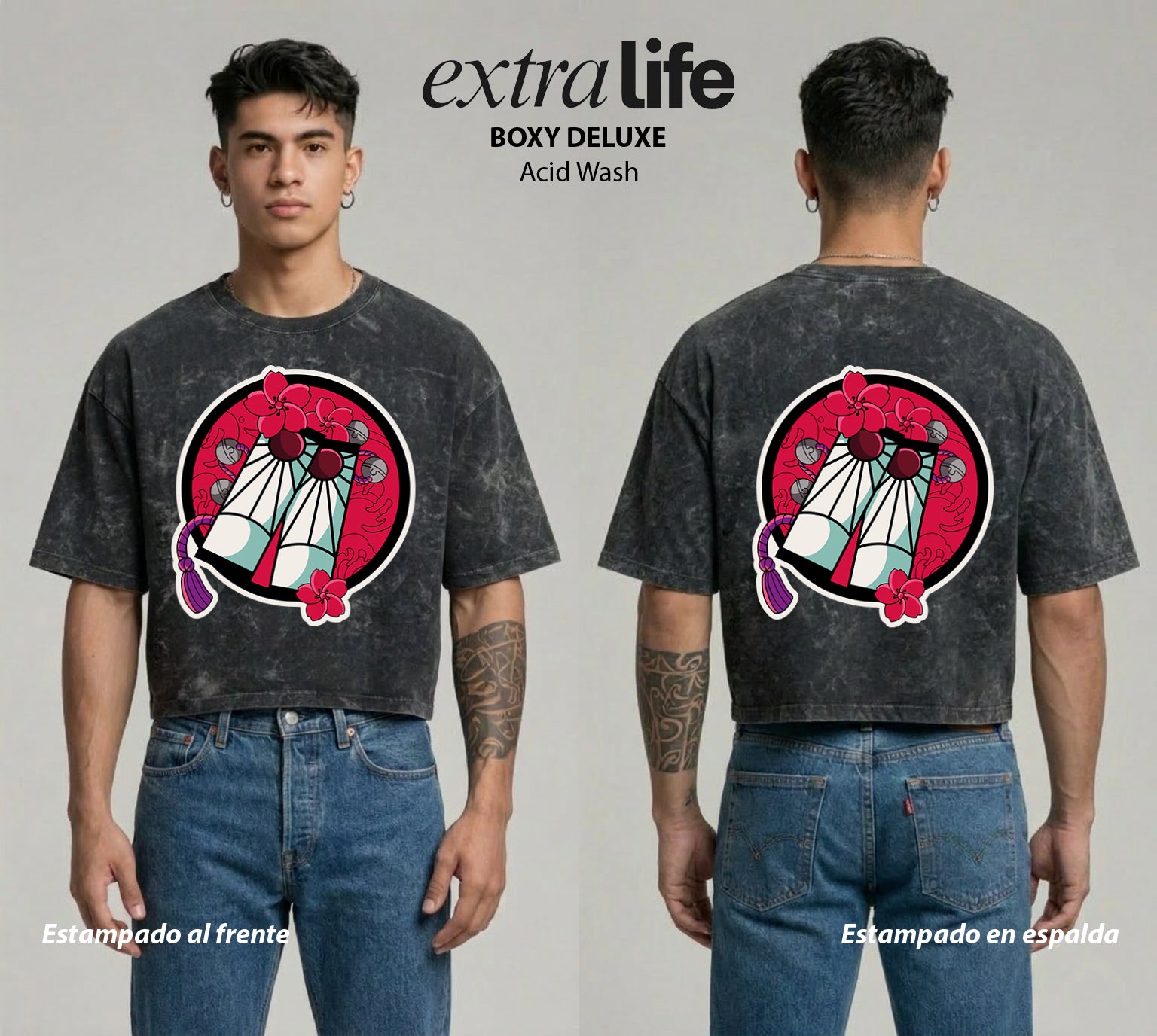Playera streetwear premium de anime y gaming ExtraLife MX, corte boxy deluxe mineral wash heavyweight en color Acid Wash, moda urbana mexicana de culto.