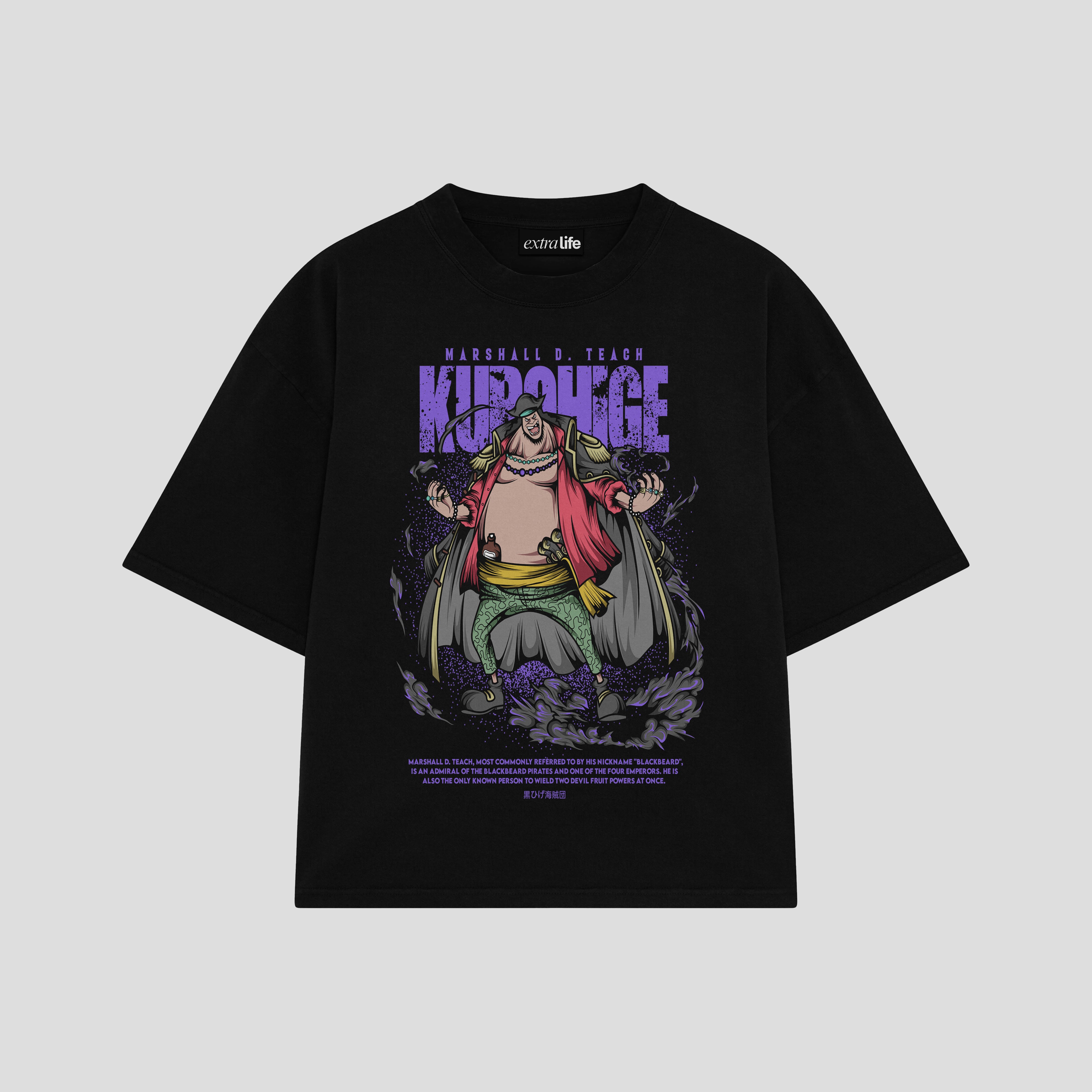 Playera streetwear premium de anime y gaming ExtraLife MX, corte boxy oversized drop shoulder heavyweight en color Deep Black y Off-White, moda urbana mexicana de culto.