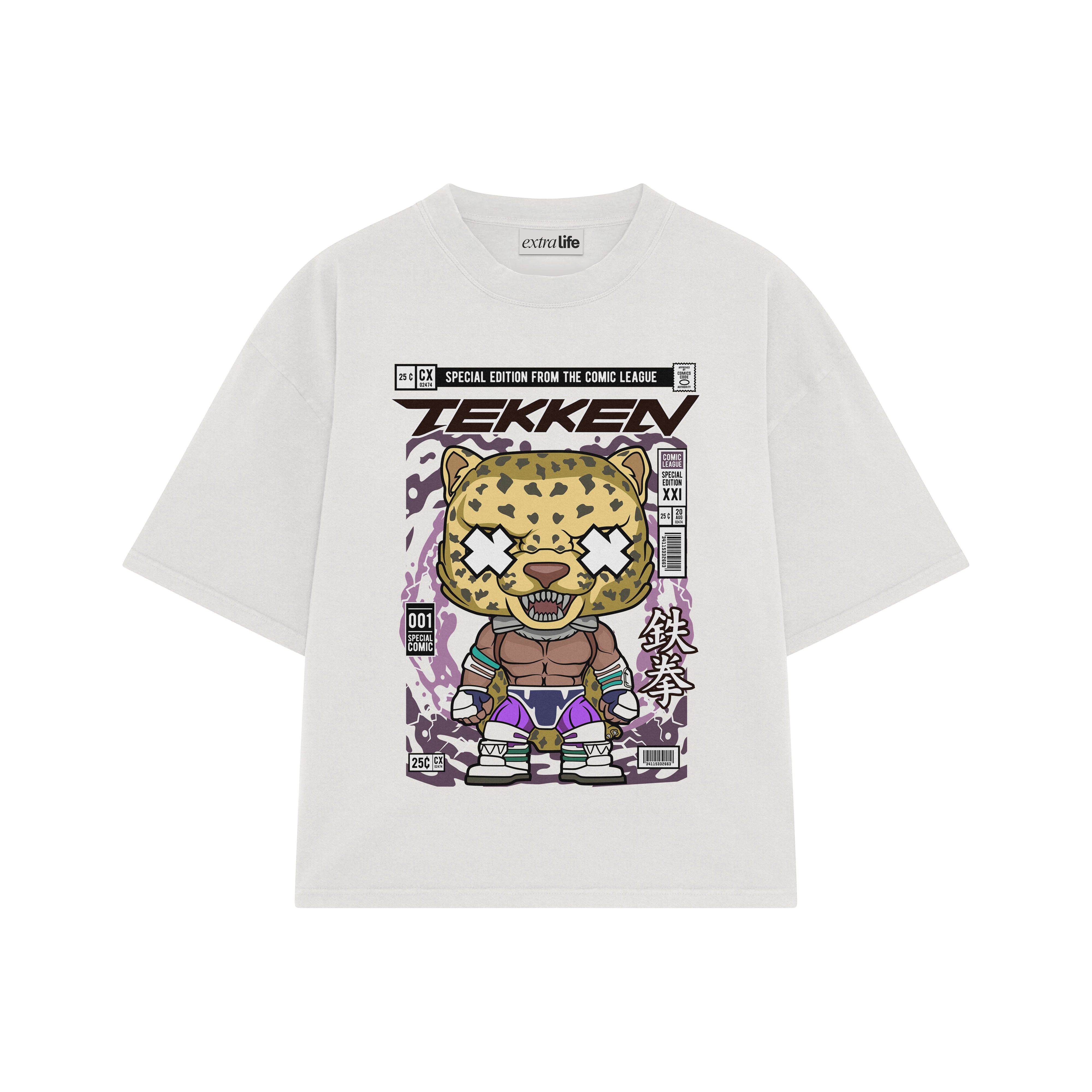 Playera streetwear premium de anime y gaming ExtraLife MX, corte boxy oversized drop shoulder heavyweight en color Deep Black y Off-White, moda urbana mexicana de culto.