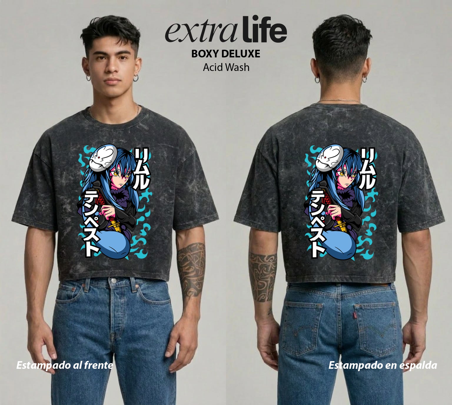 Playera streetwear premium de anime y gaming ExtraLife MX, corte boxy deluxe mineral wash heavyweight en color Acid Wash, moda urbana mexicana de culto.