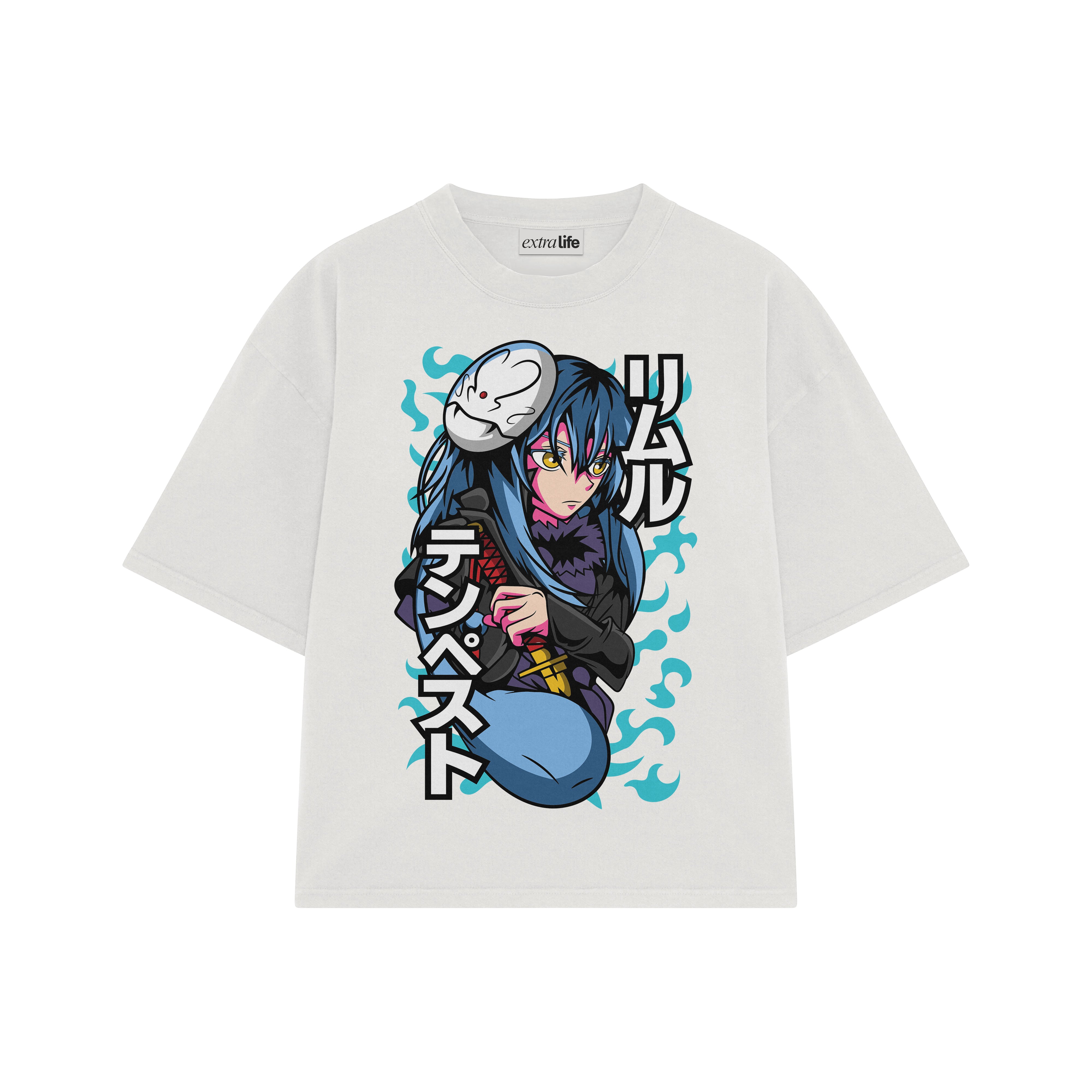 Playera streetwear premium de anime y gaming ExtraLife MX, corte boxy oversized drop shoulder heavyweight en color Deep Black y Off-White, moda urbana mexicana de culto.