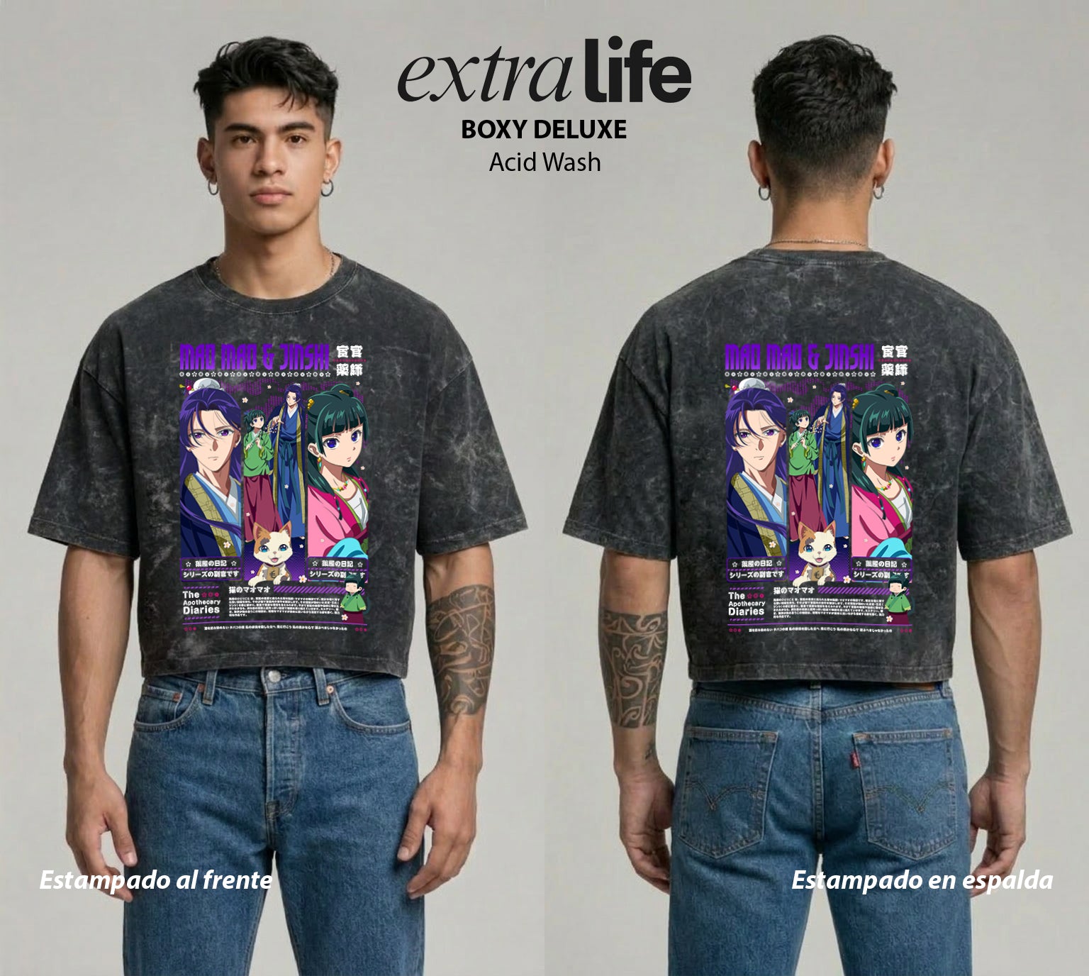 Playera streetwear premium de anime y gaming ExtraLife MX, corte boxy deluxe mineral wash heavyweight en color Acid Wash, moda urbana mexicana de culto.