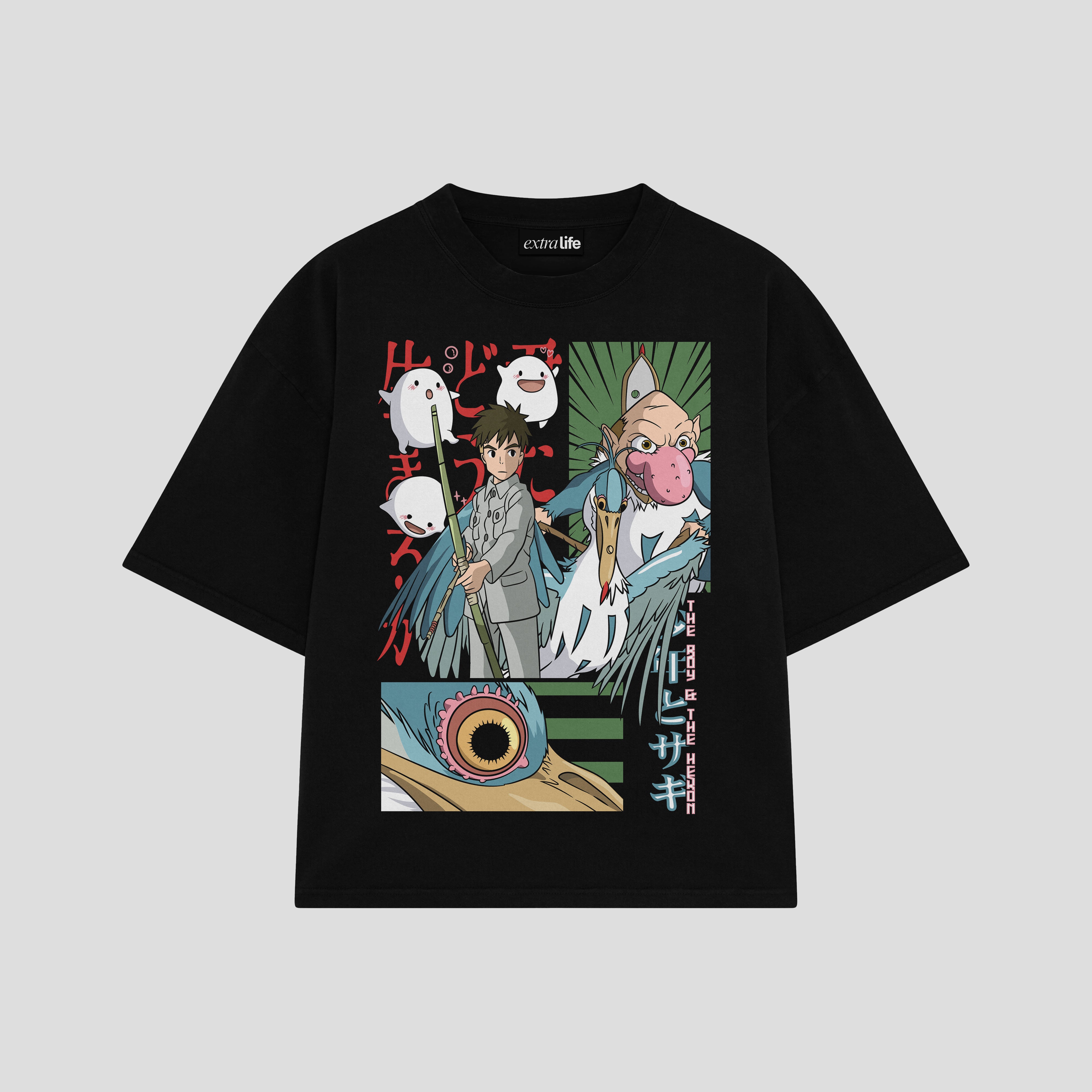 Playera streetwear premium de anime y gaming ExtraLife MX, corte boxy oversized drop shoulder heavyweight en color Deep Black y Off-White, moda urbana mexicana de culto.