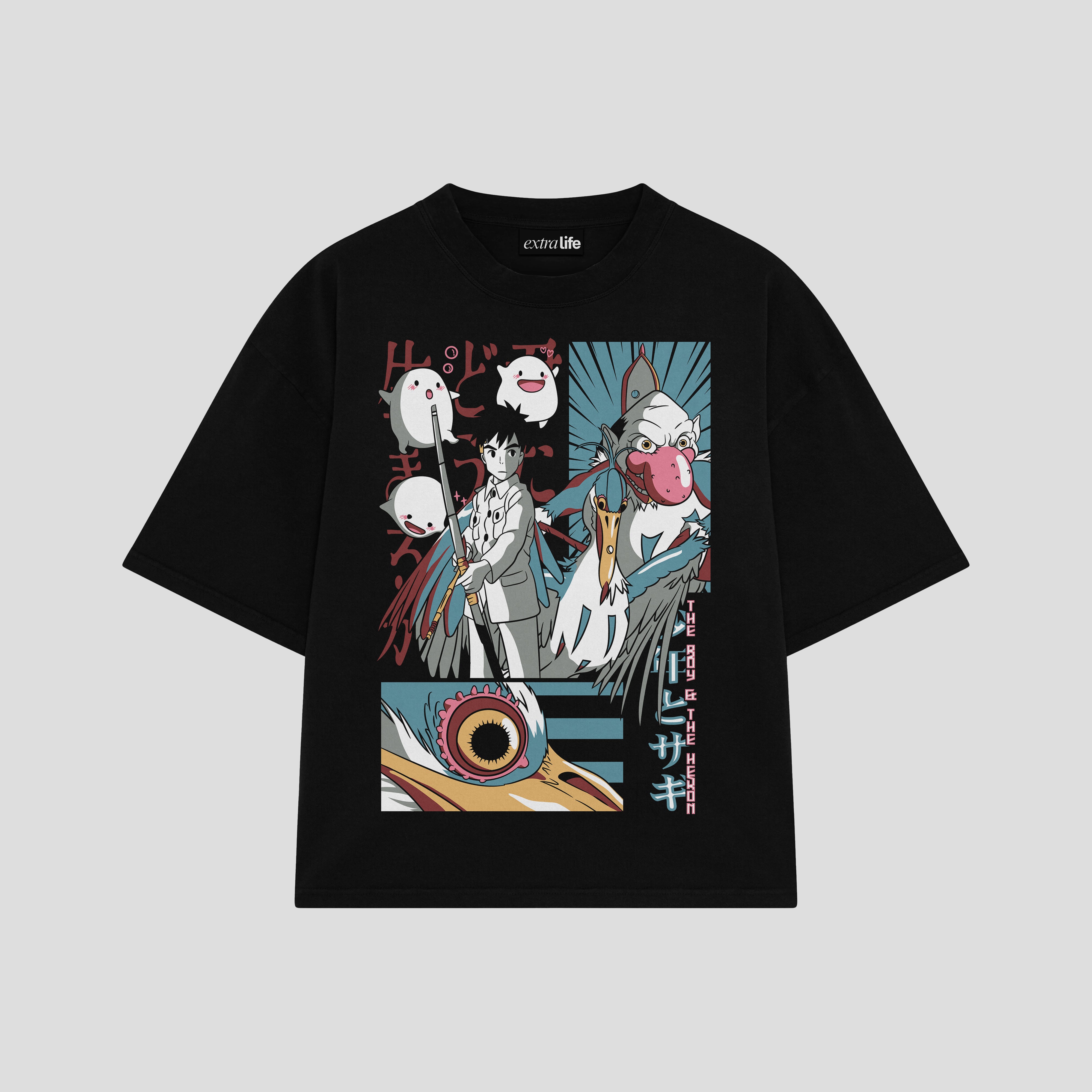 Playera streetwear premium de anime y gaming ExtraLife MX, corte boxy oversized drop shoulder heavyweight en color Deep Black y Off-White, moda urbana mexicana de culto.