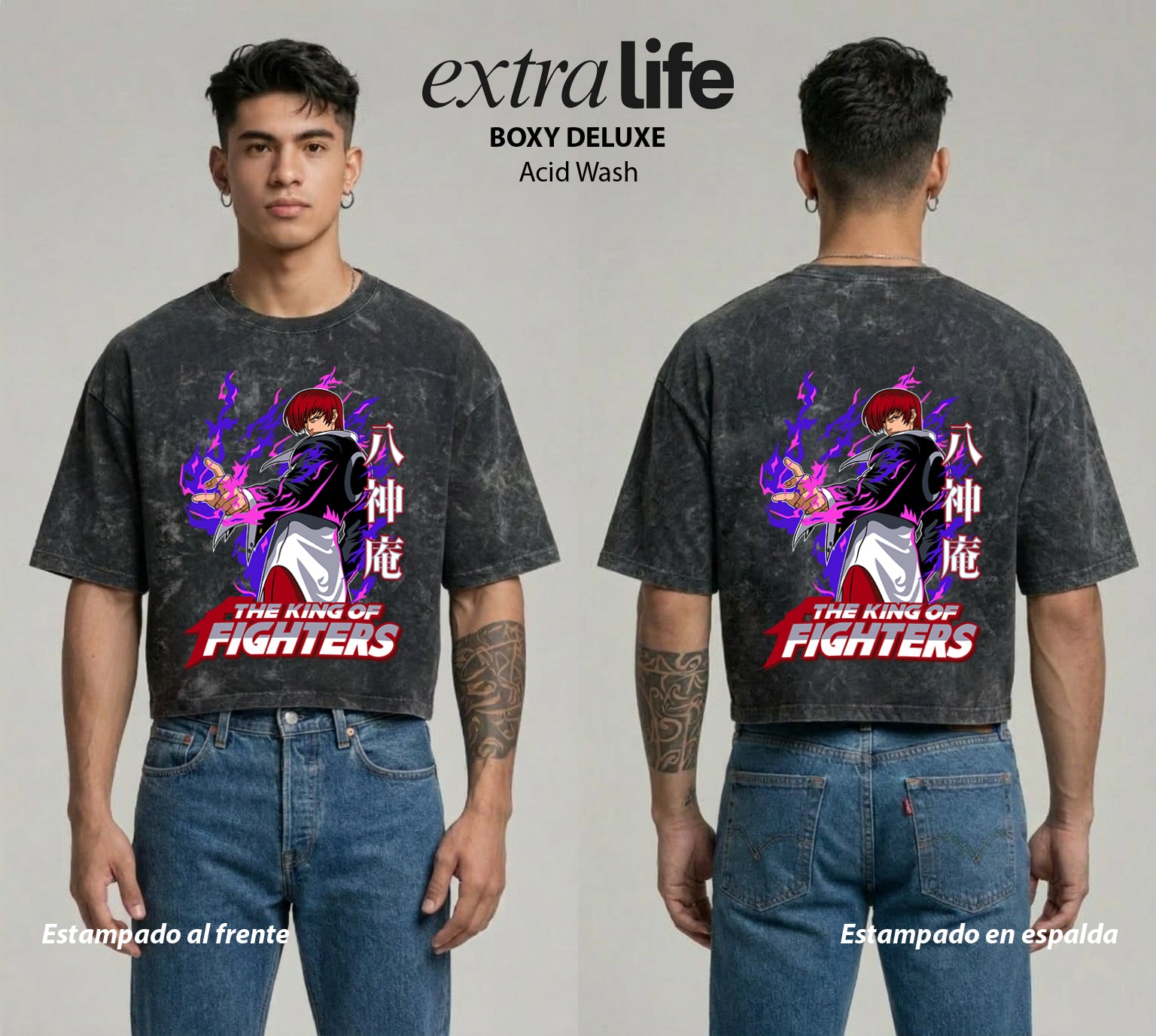Playera streetwear premium de anime y gaming ExtraLife MX, corte boxy deluxe mineral wash heavyweight en color Acid Wash, moda urbana mexicana de culto.