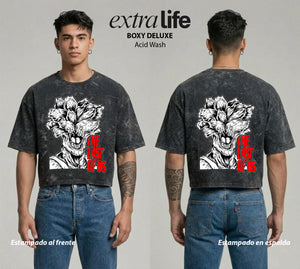 Playera streetwear premium de anime y gaming ExtraLife MX, corte boxy deluxe mineral wash heavyweight en color Acid Wash, moda urbana mexicana de culto.