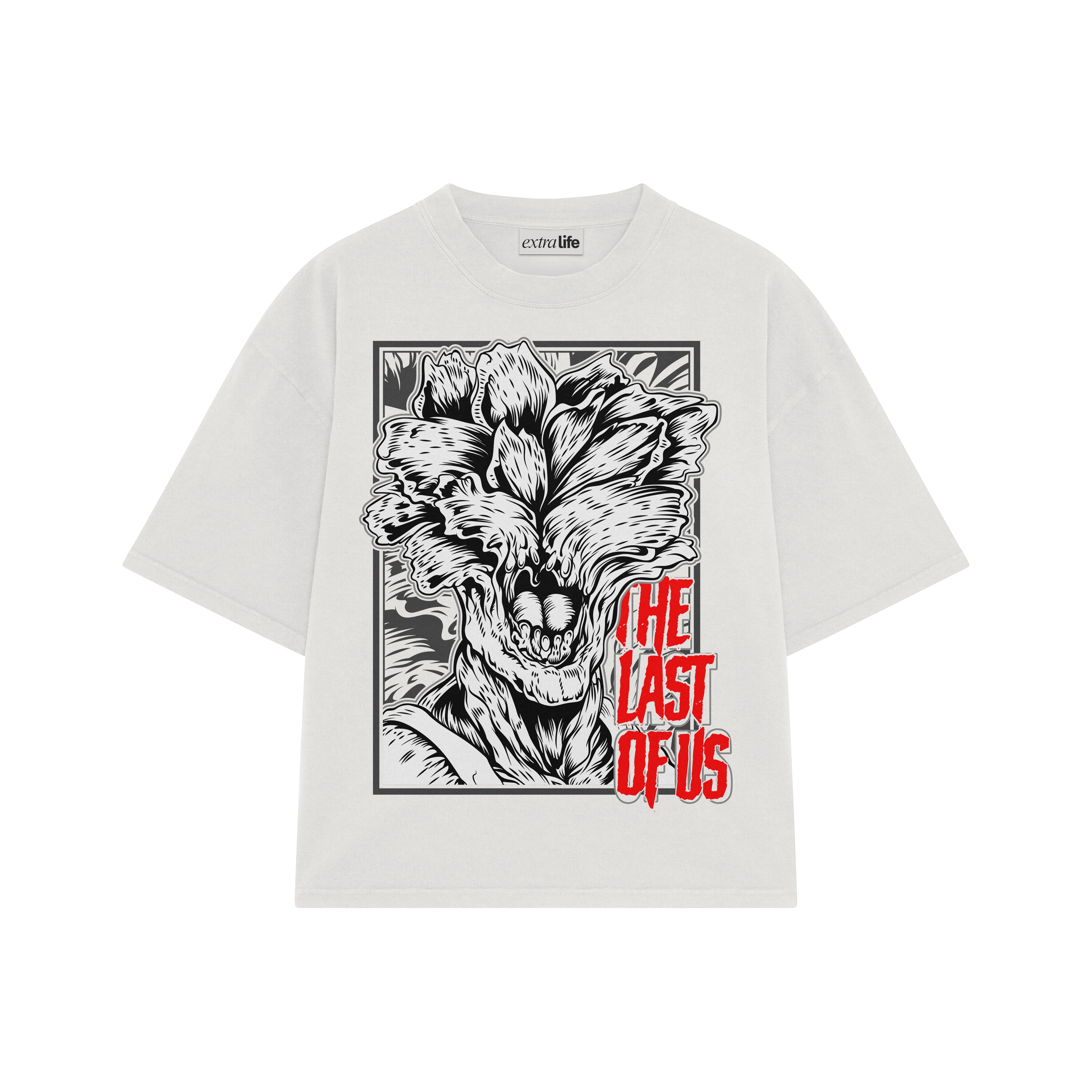 Playera streetwear premium de anime y gaming ExtraLife MX, corte boxy oversized drop shoulder heavyweight en color Deep Black y Off-White, moda urbana mexicana de culto.