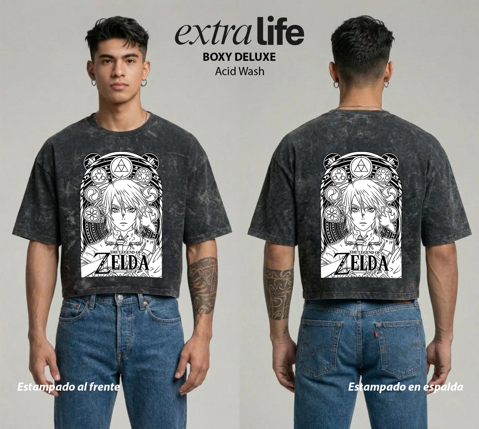 Playera streetwear premium de anime y gaming ExtraLife MX, corte boxy deluxe mineral wash heavyweight en color Acid Wash, moda urbana mexicana de culto.