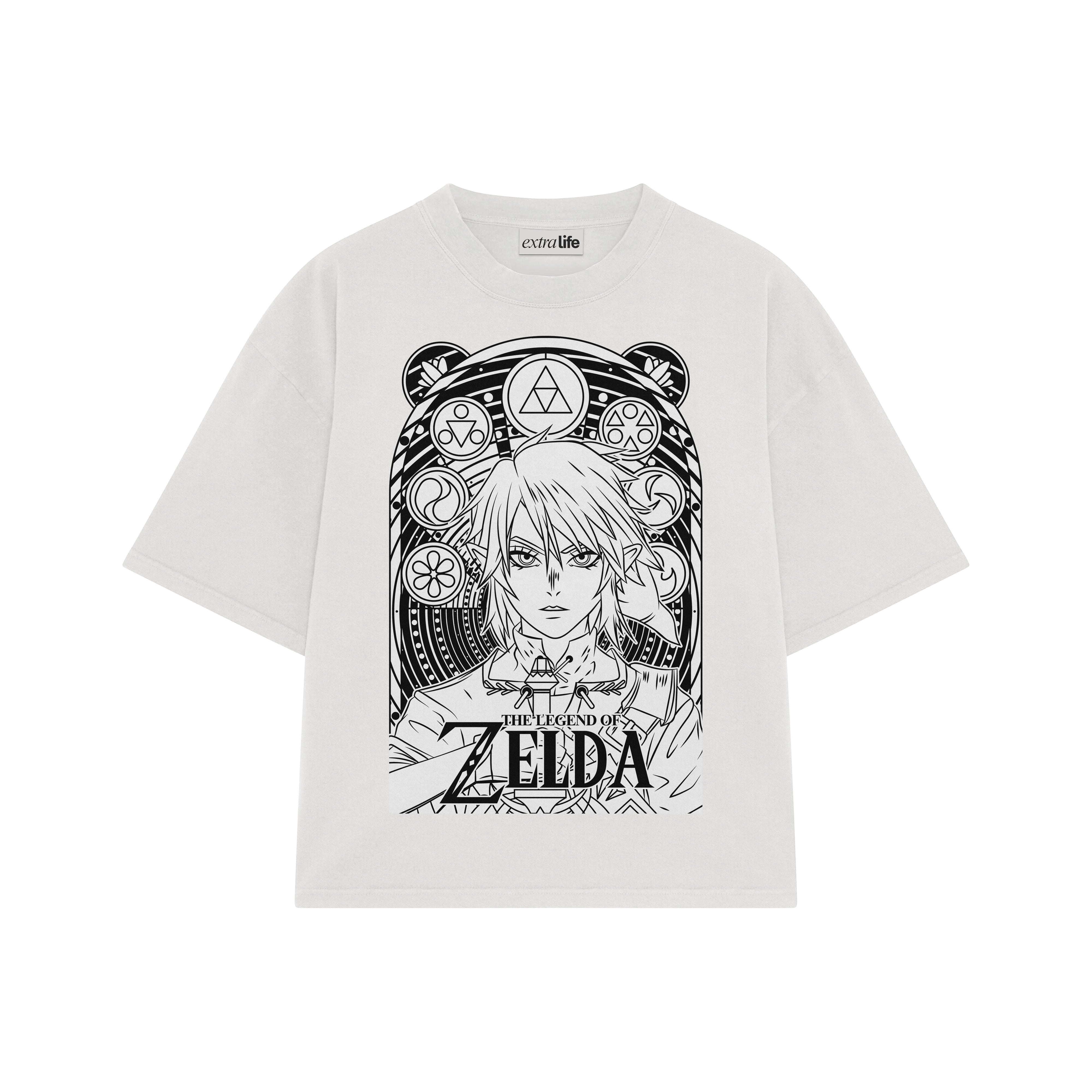 Playera streetwear premium de anime y gaming ExtraLife MX, corte boxy oversized drop shoulder heavyweight en color Deep Black y Off-White, moda urbana mexicana de culto.
