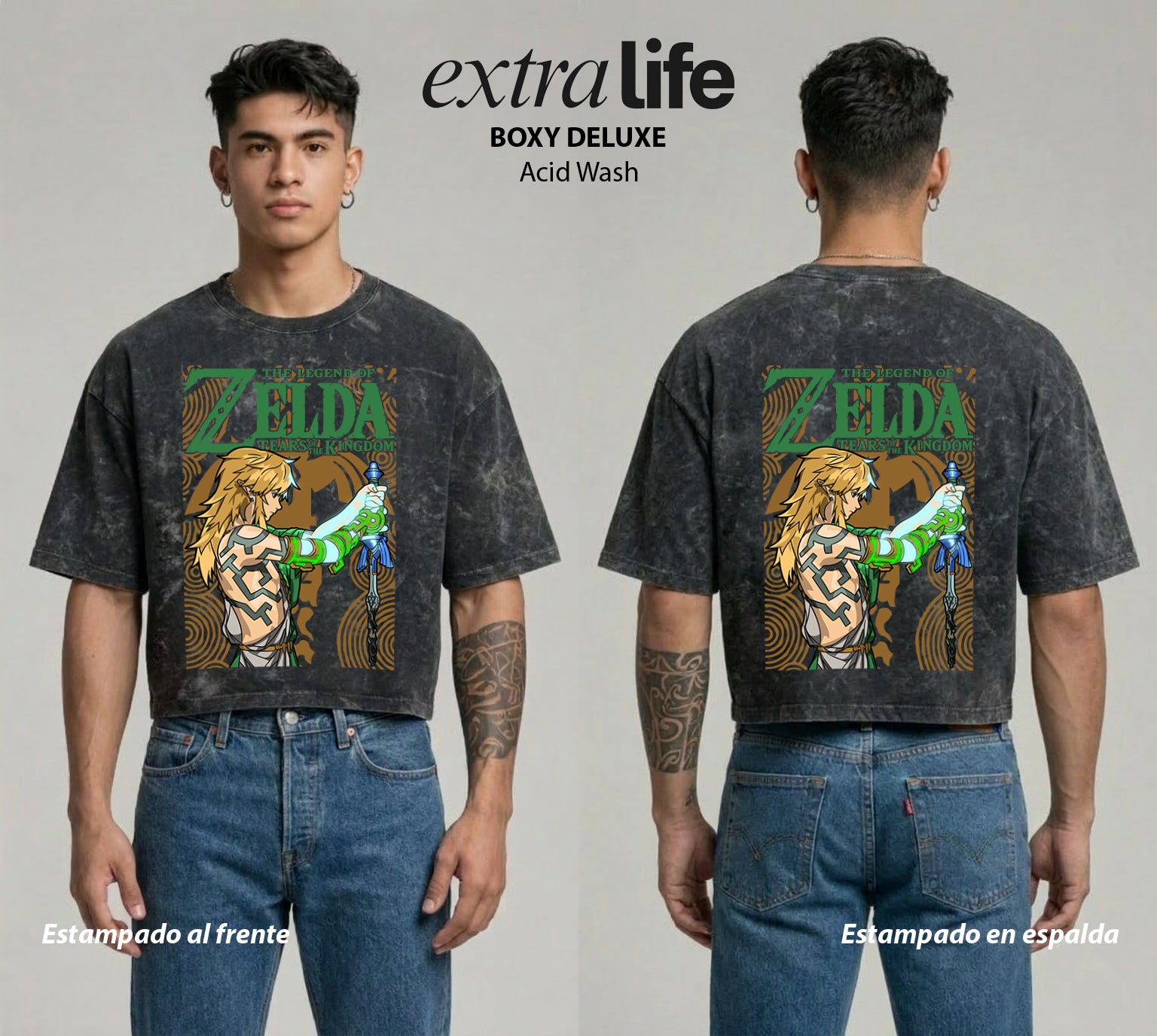 Playera streetwear premium de anime y gaming ExtraLife MX, corte boxy deluxe mineral wash heavyweight en color Acid Wash, moda urbana mexicana de culto.