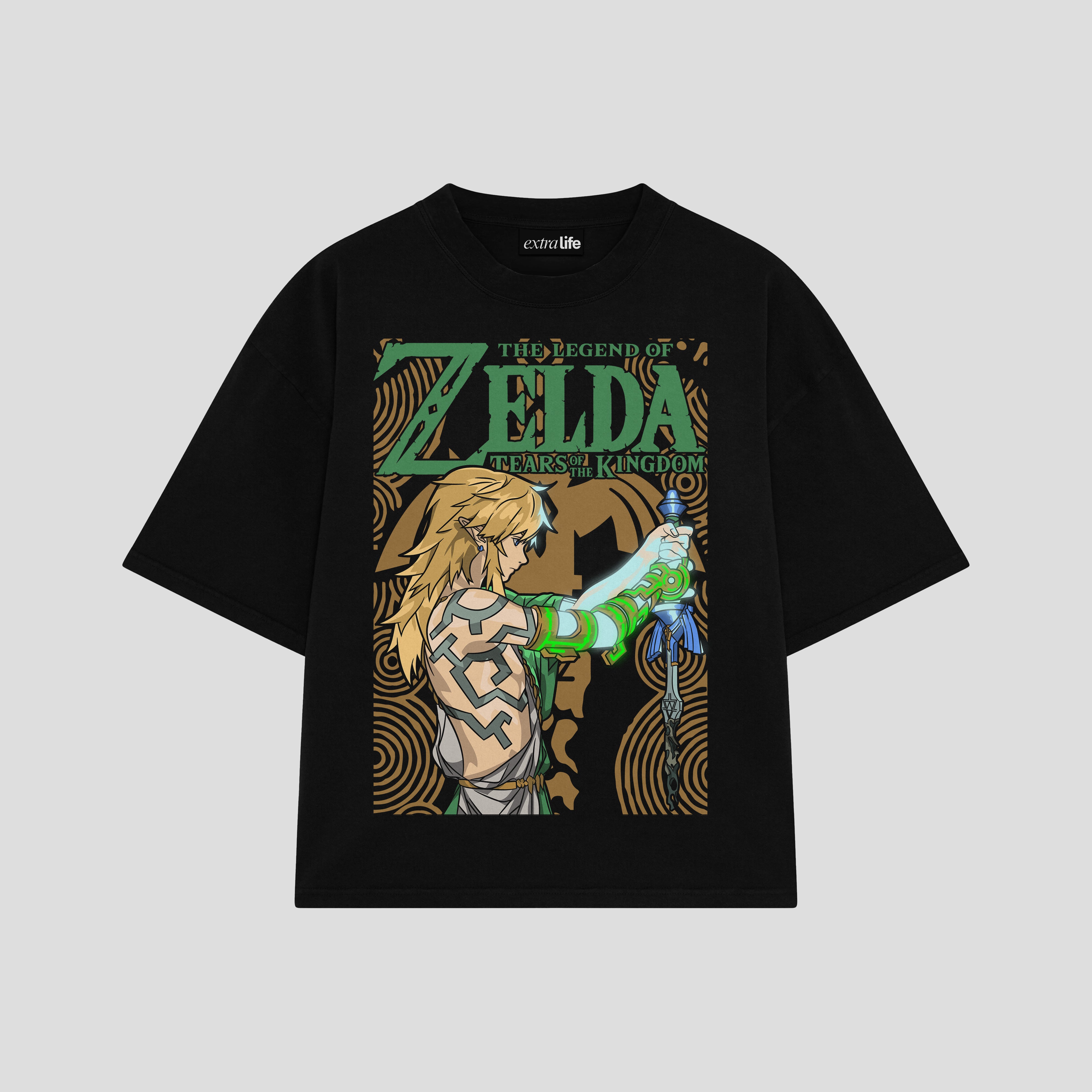 Playera streetwear premium de anime y gaming ExtraLife MX, corte boxy oversized drop shoulder heavyweight en color Deep Black y Off-White, moda urbana mexicana de culto.