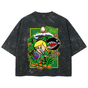 Playera streetwear premium de anime y gaming ExtraLife MX, corte boxy deluxe mineral wash heavyweight en color Acid Wash, moda urbana mexicana de culto.