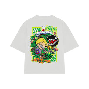 Playera streetwear premium de anime y gaming ExtraLife MX, corte boxy oversized drop shoulder heavyweight en color Deep Black y Off-White, moda urbana mexicana de culto.