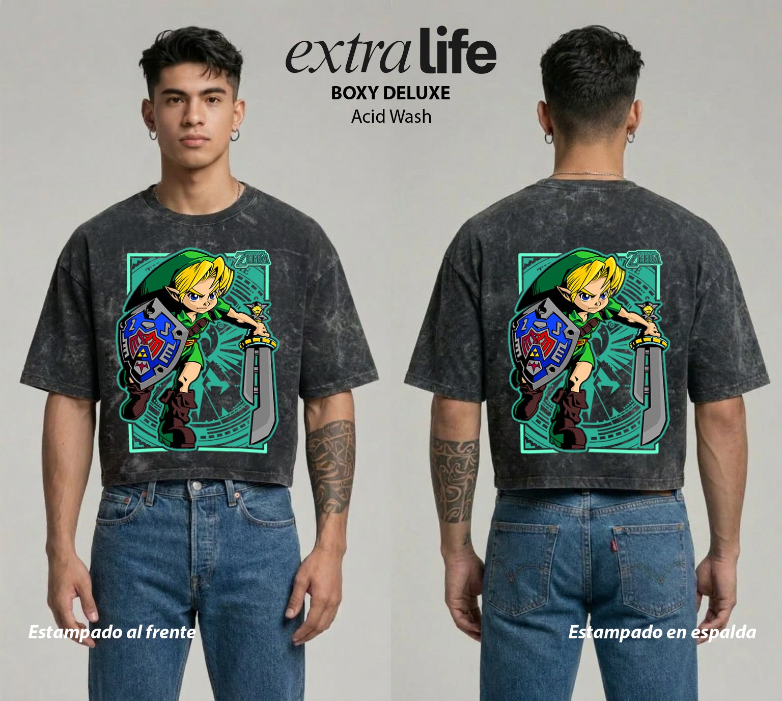 Playera streetwear premium de anime y gaming ExtraLife MX, corte boxy deluxe mineral wash heavyweight en color Acid Wash, moda urbana mexicana de culto.