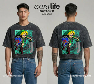 Playera streetwear premium de anime y gaming ExtraLife MX, corte boxy deluxe mineral wash heavyweight en color Acid Wash, moda urbana mexicana de culto.