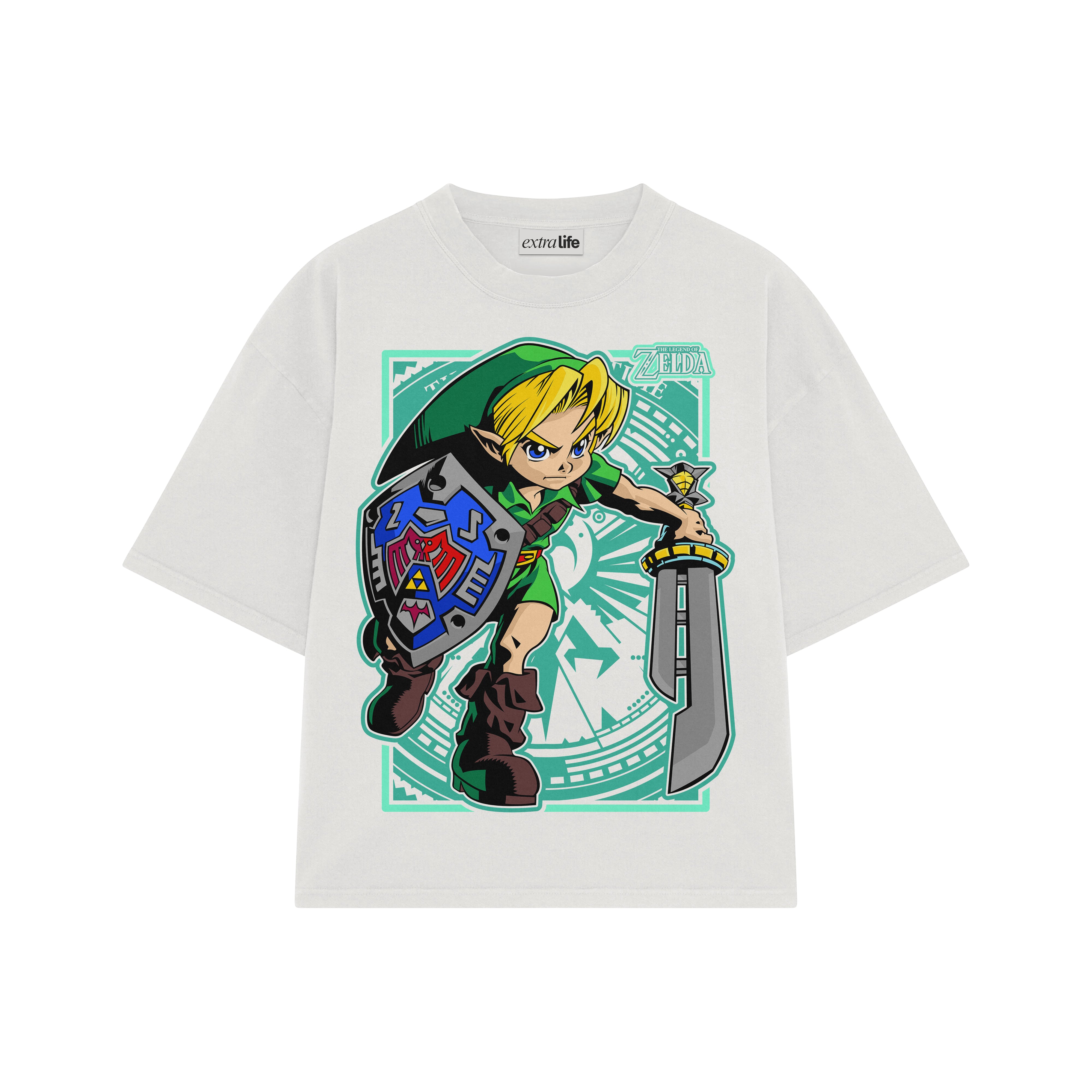 Playera streetwear premium de anime y gaming ExtraLife MX, corte boxy oversized drop shoulder heavyweight en color Deep Black y Off-White, moda urbana mexicana de culto.
