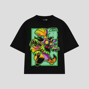 Playera streetwear premium de anime y gaming ExtraLife MX, corte boxy oversized drop shoulder heavyweight en color Deep Black y Off-White, moda urbana mexicana de culto.