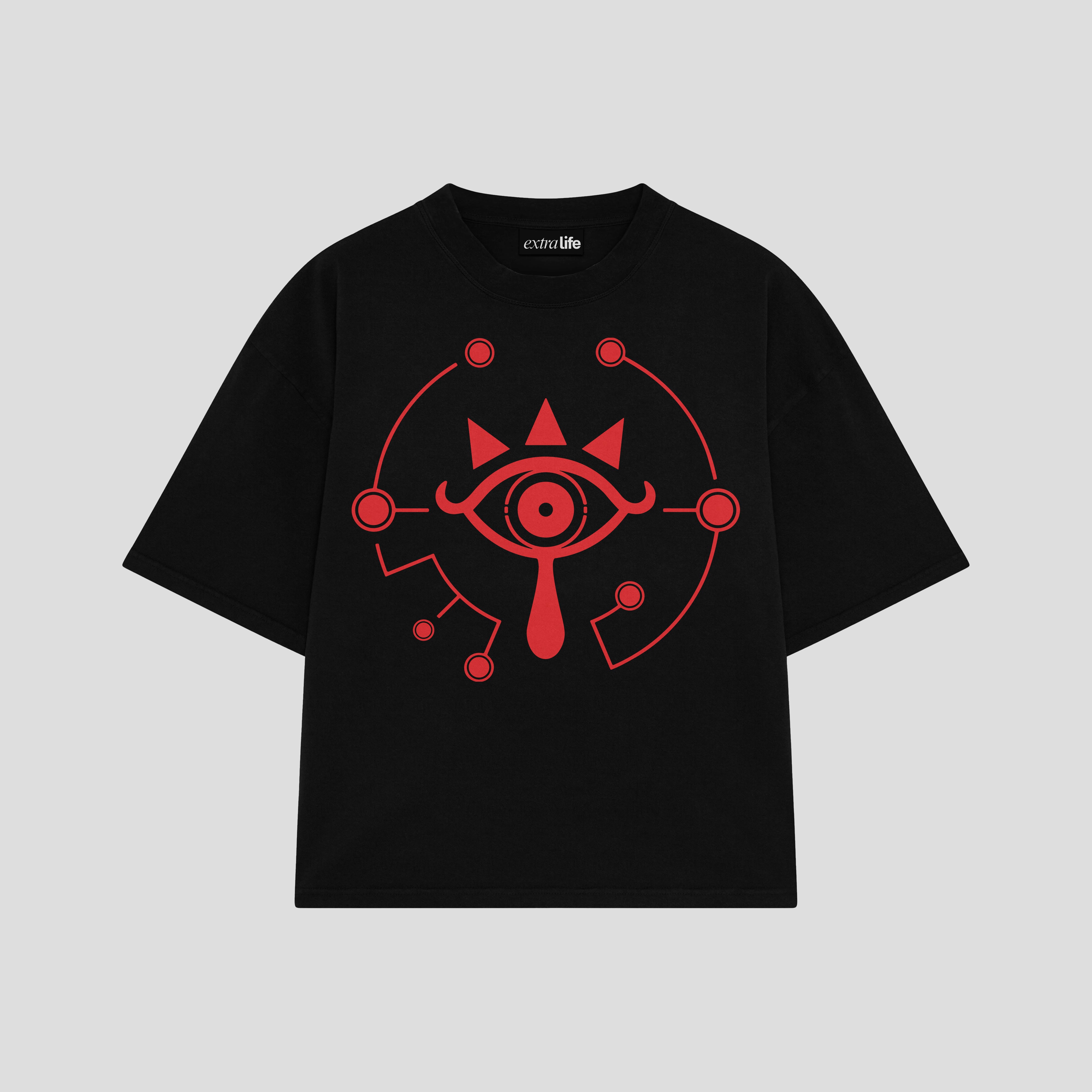 Playera streetwear premium de anime y gaming ExtraLife MX, corte boxy oversized drop shoulder heavyweight en color Deep Black y Off-White, moda urbana mexicana de culto.