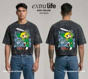Playera streetwear premium de anime y gaming ExtraLife MX, corte boxy deluxe mineral wash heavyweight en color Acid Wash, moda urbana mexicana de culto.