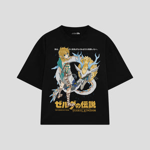 Playera streetwear premium de anime y gaming ExtraLife MX, corte boxy oversized drop shoulder heavyweight en color Deep Black y Off-White, moda urbana mexicana de culto.