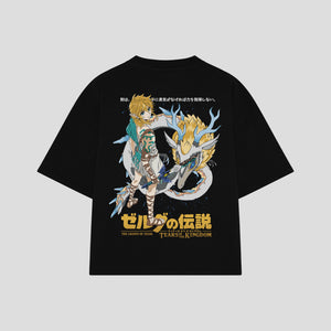 Playera streetwear premium de anime y gaming ExtraLife MX, corte boxy oversized drop shoulder heavyweight en color Deep Black y Off-White, moda urbana mexicana de culto.
