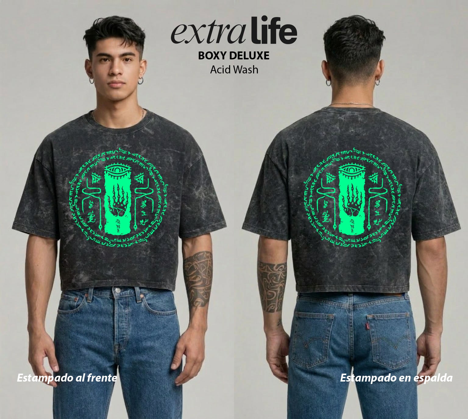 Playera streetwear premium de anime y gaming ExtraLife MX, corte boxy deluxe mineral wash heavyweight en color Acid Wash, moda urbana mexicana de culto.