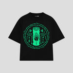 Playera streetwear premium de anime y gaming ExtraLife MX, corte boxy oversized drop shoulder heavyweight en color Deep Black y Off-White, moda urbana mexicana de culto.