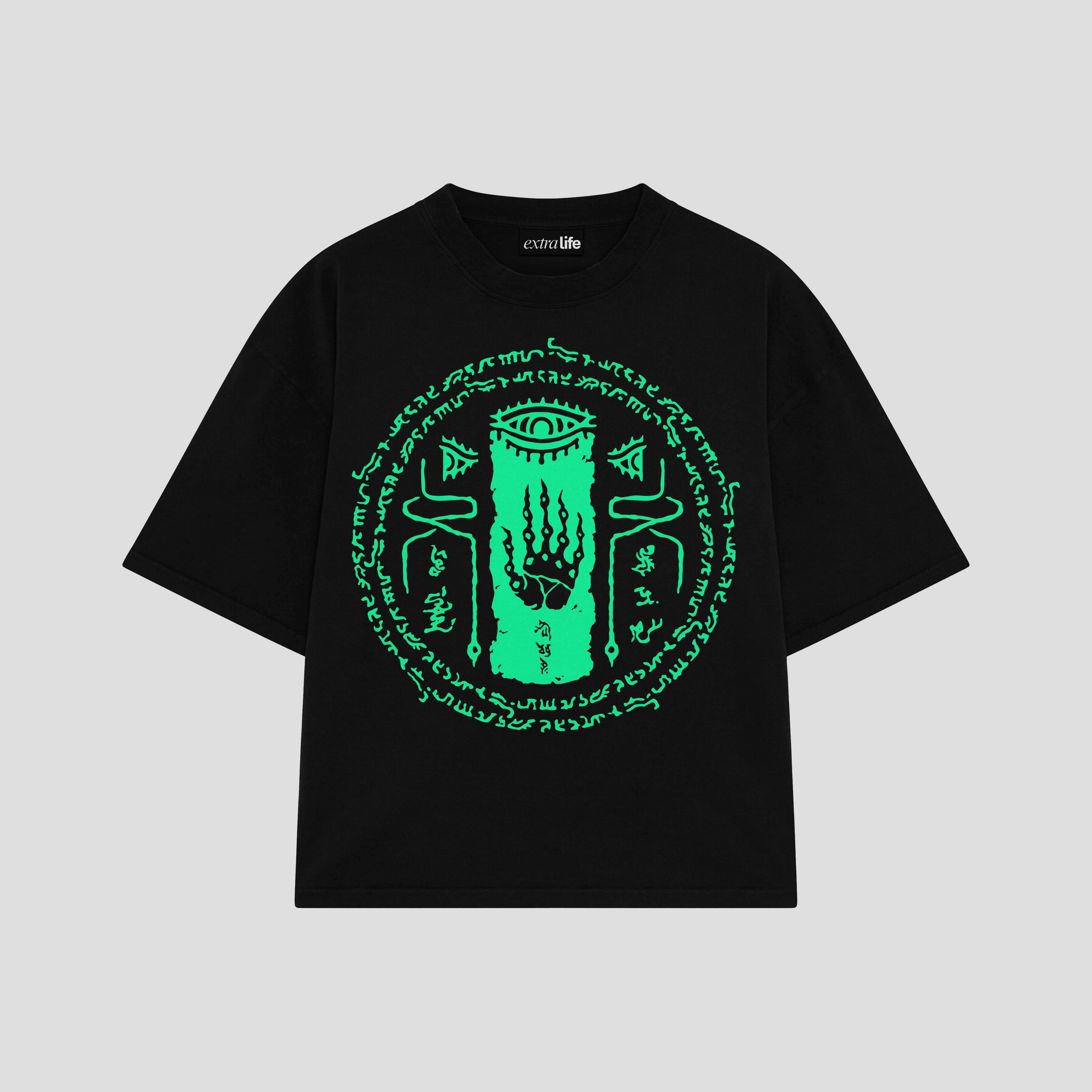Playera streetwear premium de anime y gaming ExtraLife MX, corte boxy oversized drop shoulder heavyweight en color Deep Black y Off-White, moda urbana mexicana de culto.