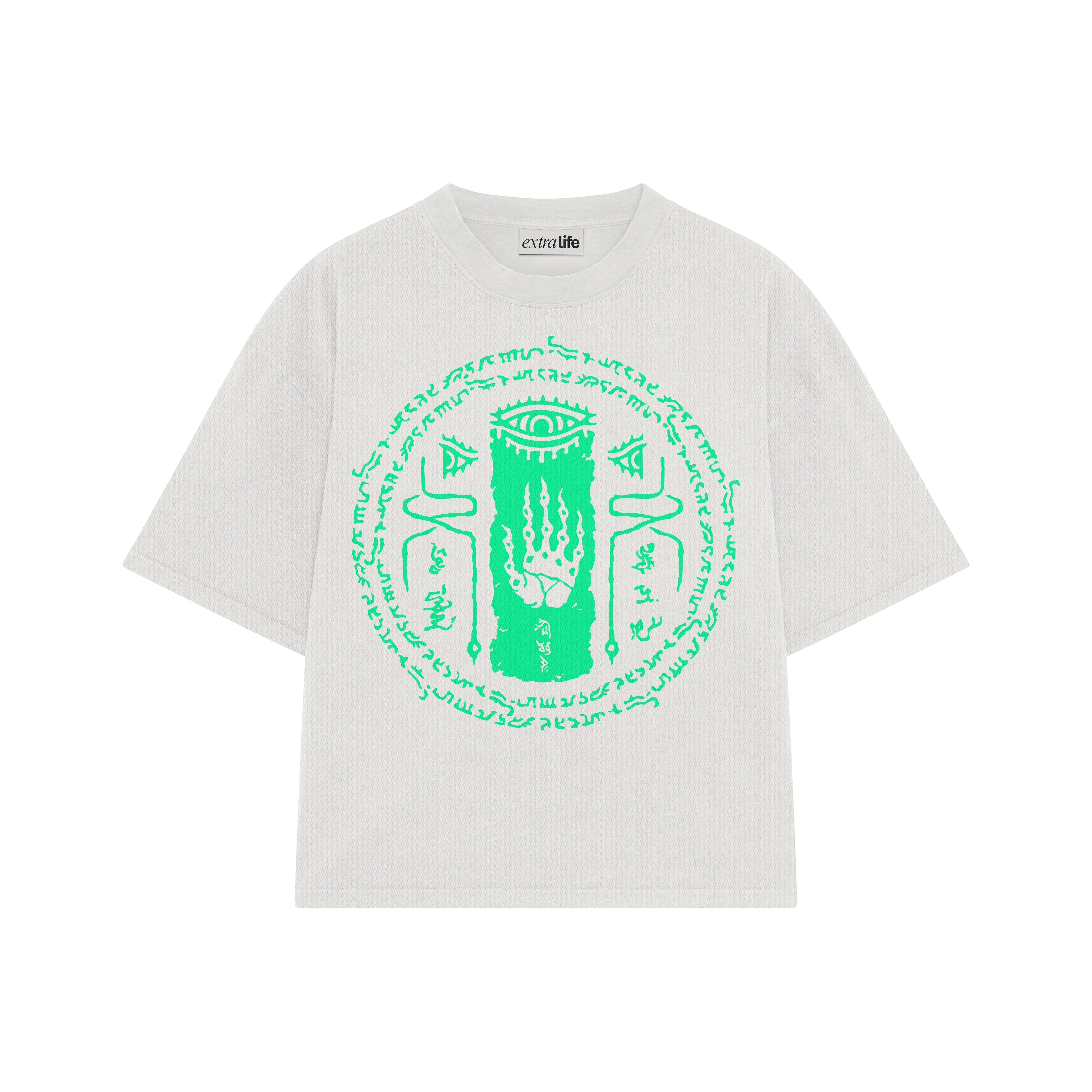 Playera streetwear premium de anime y gaming ExtraLife MX, corte boxy oversized drop shoulder heavyweight en color Deep Black y Off-White, moda urbana mexicana de culto.