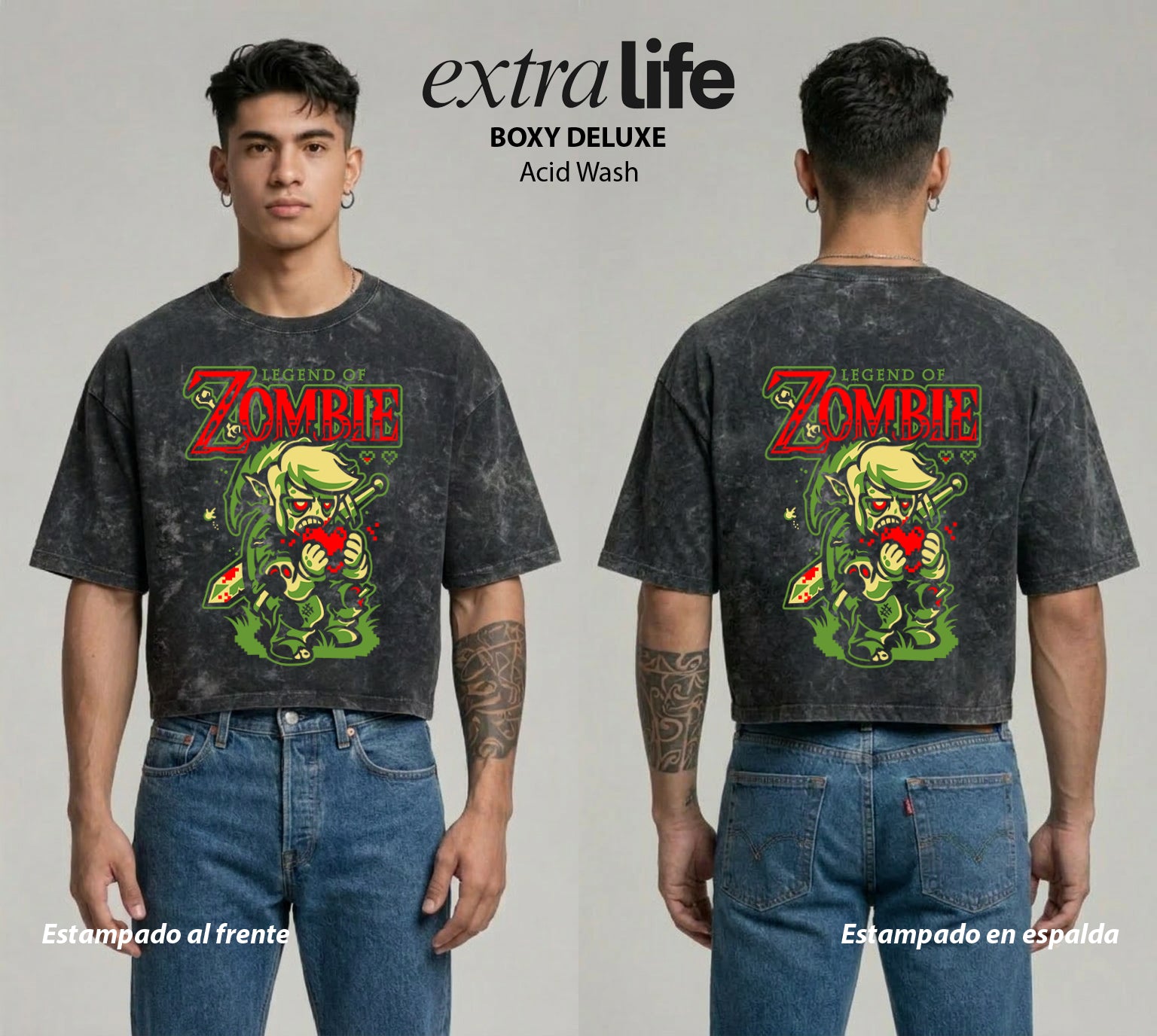 Playera streetwear premium de anime y gaming ExtraLife MX, corte boxy deluxe mineral wash heavyweight en color Acid Wash, moda urbana mexicana de culto.