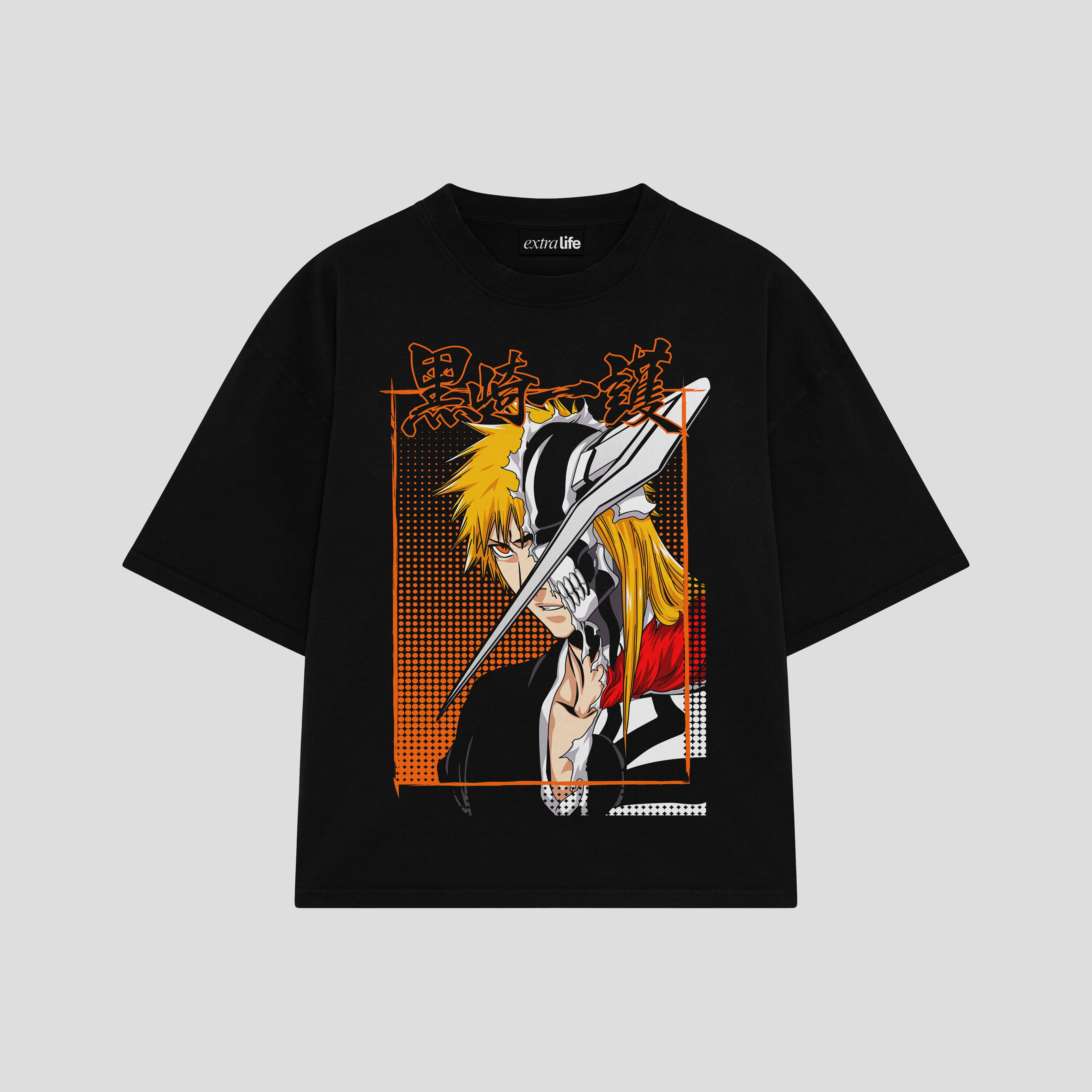 Playera streetwear premium de anime y gaming ExtraLife MX, corte boxy oversized drop shoulder heavyweight en color Deep Black y Off-White, moda urbana mexicana de culto.