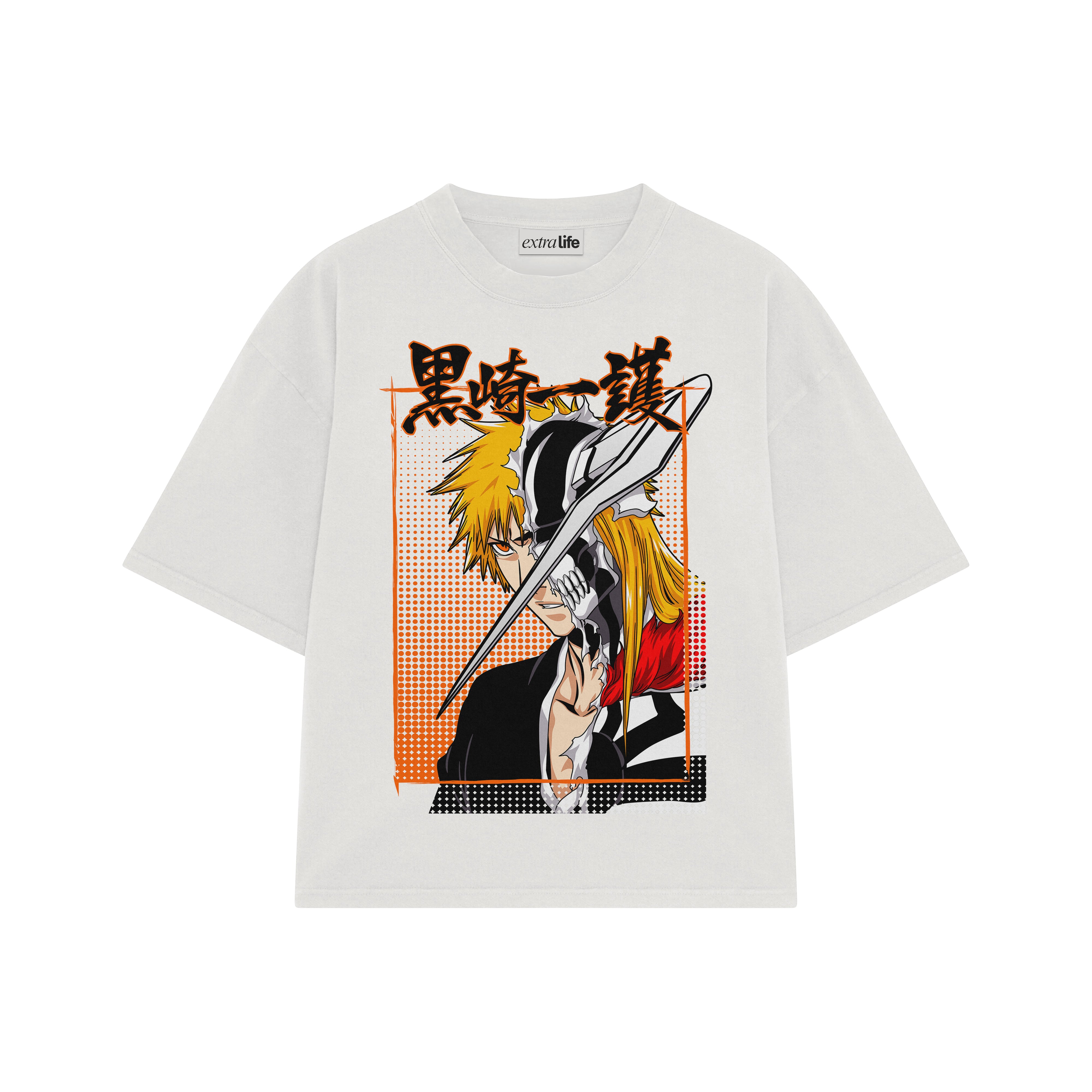 Playera streetwear premium de anime y gaming ExtraLife MX, corte boxy oversized drop shoulder heavyweight en color Deep Black y Off-White, moda urbana mexicana de culto.