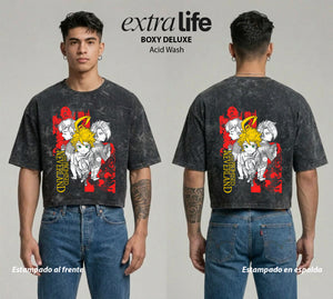 Playera streetwear premium de anime y gaming ExtraLife MX, corte boxy deluxe mineral wash heavyweight en color Acid Wash, moda urbana mexicana de culto.