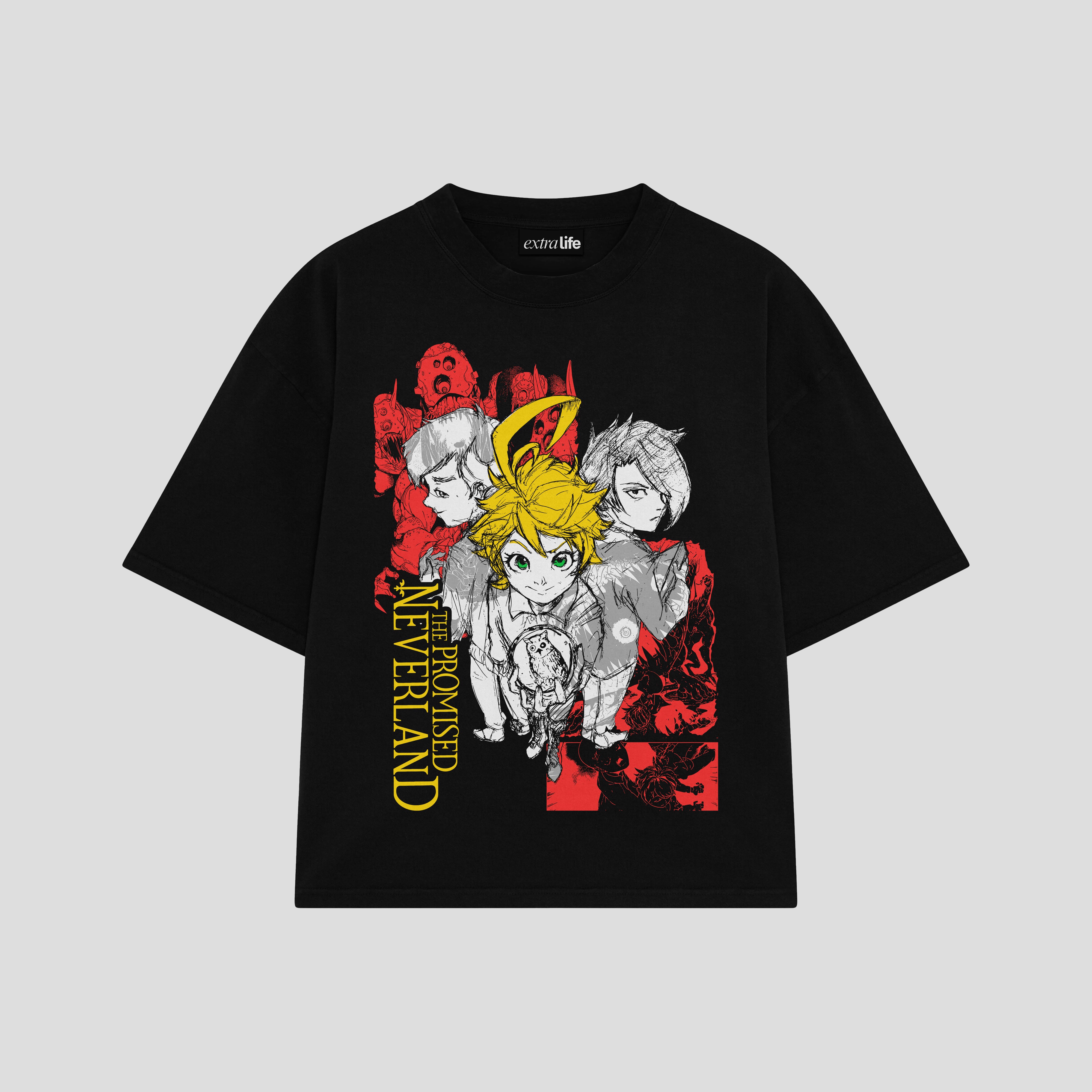 Playera streetwear premium de anime y gaming ExtraLife MX, corte boxy oversized drop shoulder heavyweight en color Deep Black y Off-White, moda urbana mexicana de culto.