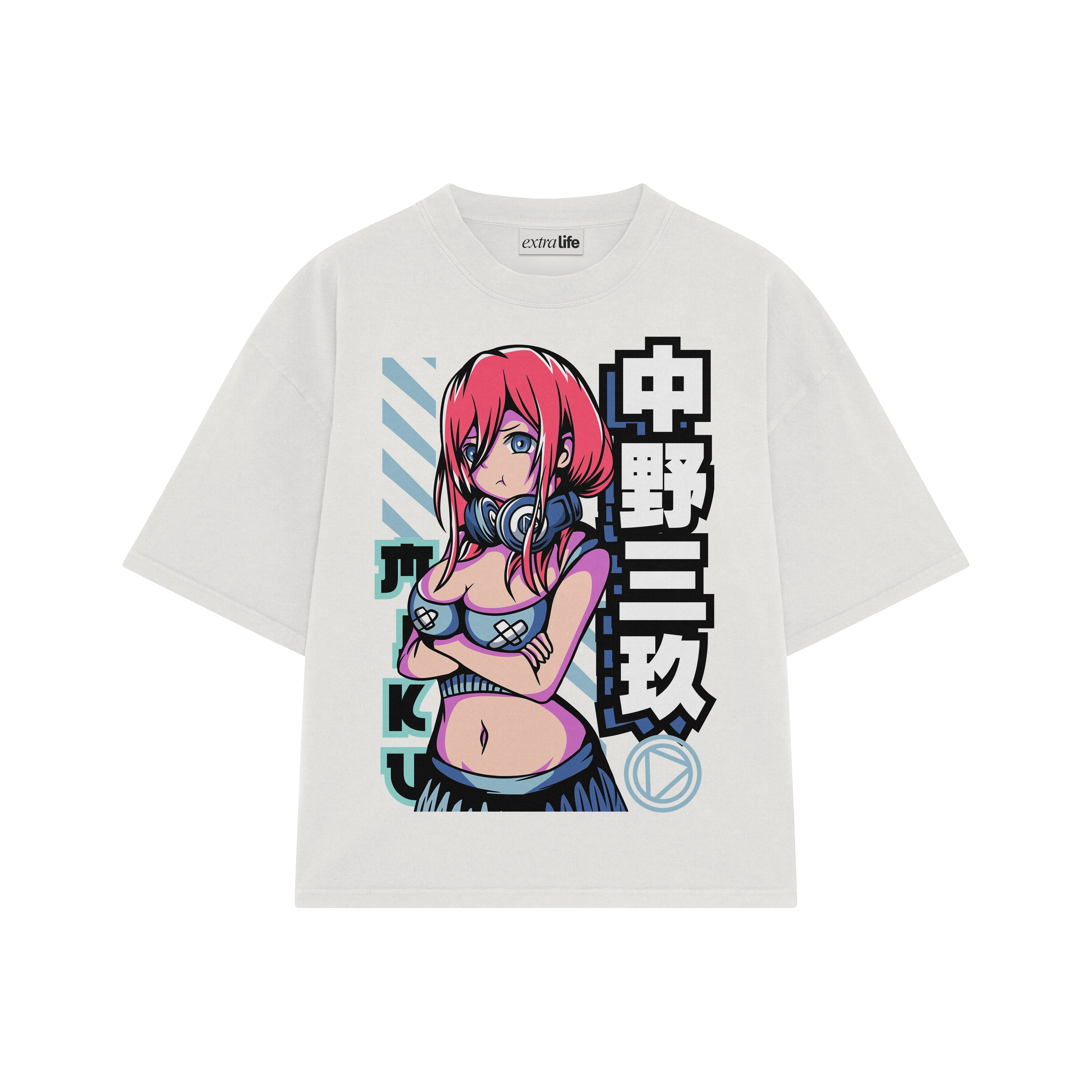 Playera streetwear premium de anime y gaming ExtraLife MX, corte boxy oversized drop shoulder heavyweight en color Deep Black y Off-White, moda urbana mexicana de culto.