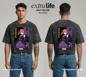 Playera streetwear premium de anime y gaming ExtraLife MX, corte boxy deluxe mineral wash heavyweight en color Acid Wash, moda urbana mexicana de culto.