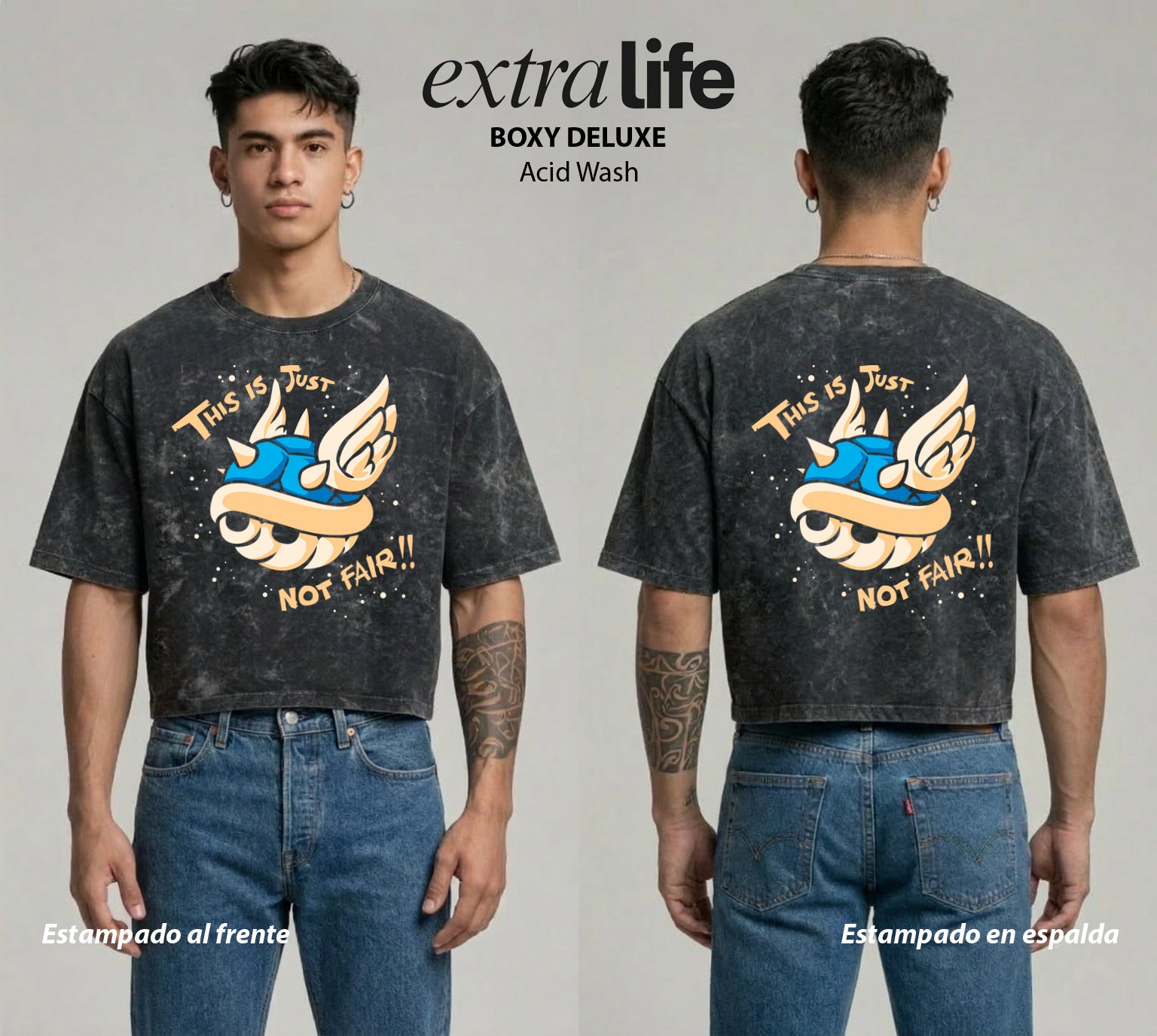 Playera streetwear premium de anime y gaming ExtraLife MX, corte boxy deluxe mineral wash heavyweight en color Acid Wash, moda urbana mexicana de culto.